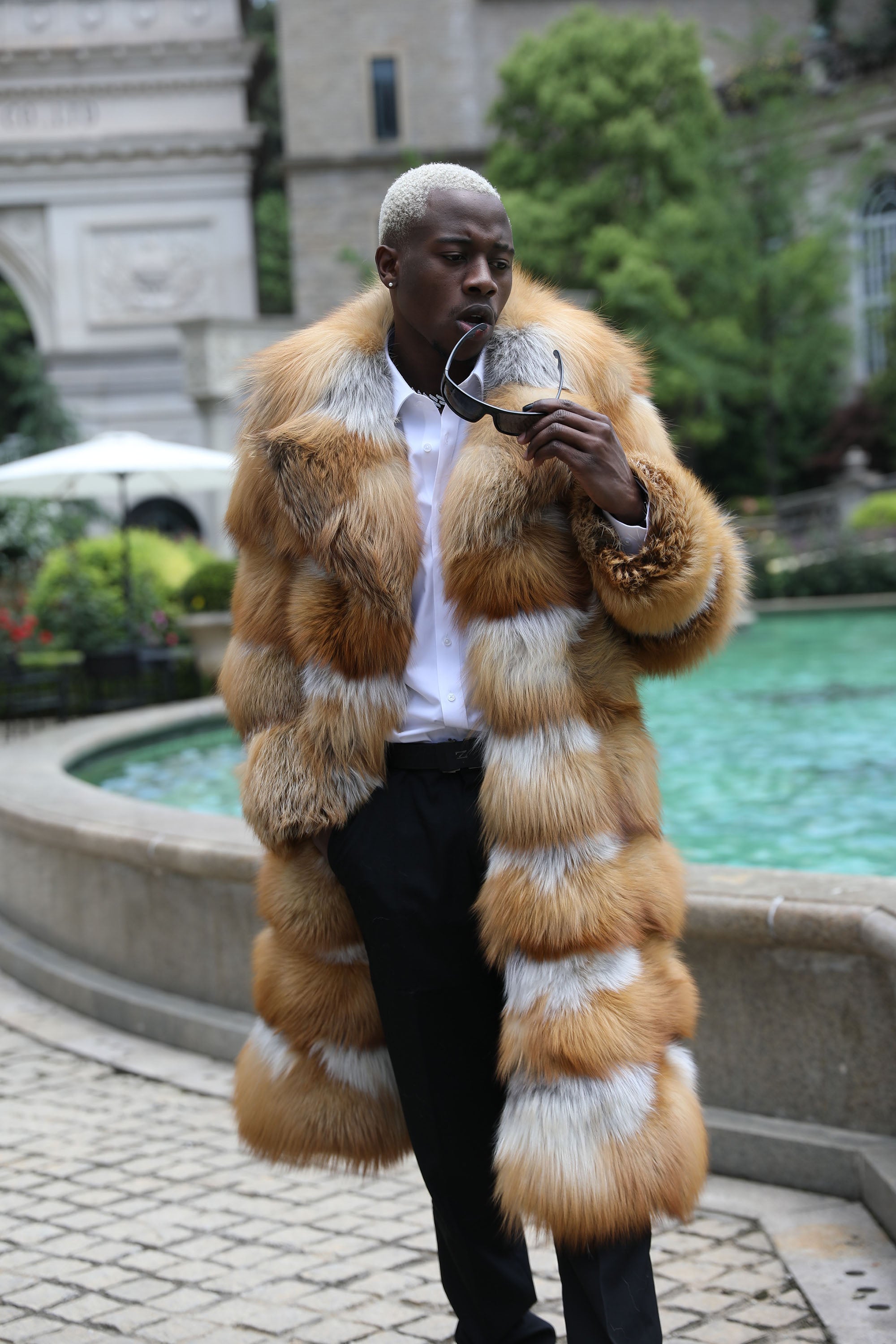 Men's Real Red Fox & Silver Fox Fur Long Coat | Luxury Full-Length