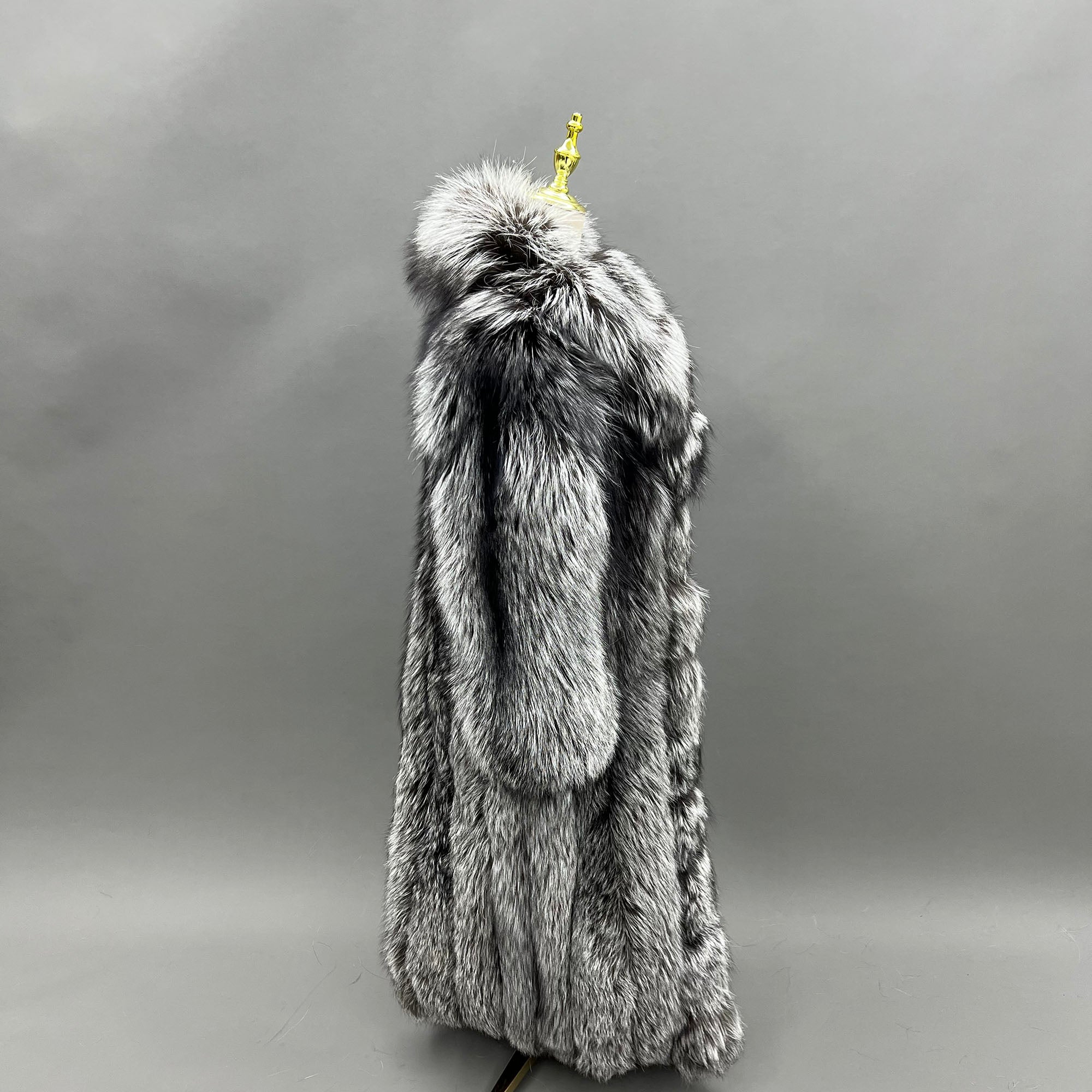 Women's Real Fox Fur Maxi Coat with Lapel Collar & Stacked Fur Placket