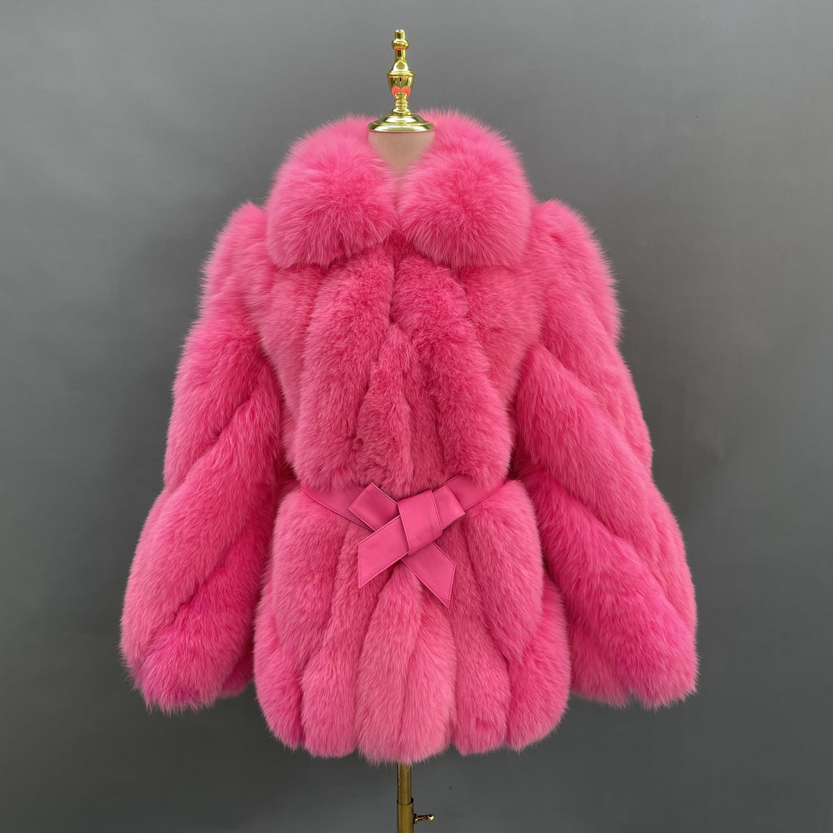 Women's Real Fox Fur Hip-Length Jacket with Turn-Down Collar & Bow Detail — Downtown Rhythm