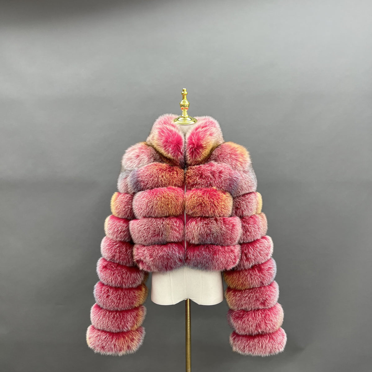 Women's Real Multicolor Fox Fur Cropped Jacket with Stand Collar & Zip Front — Downtown Rhythm