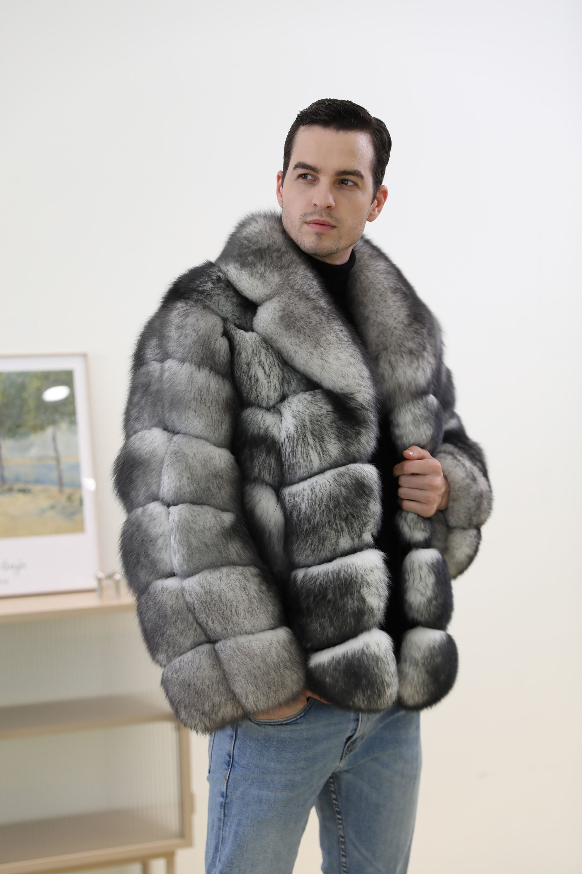 Men's Frosted Fox Fur Jacket - Frost Black - Front View