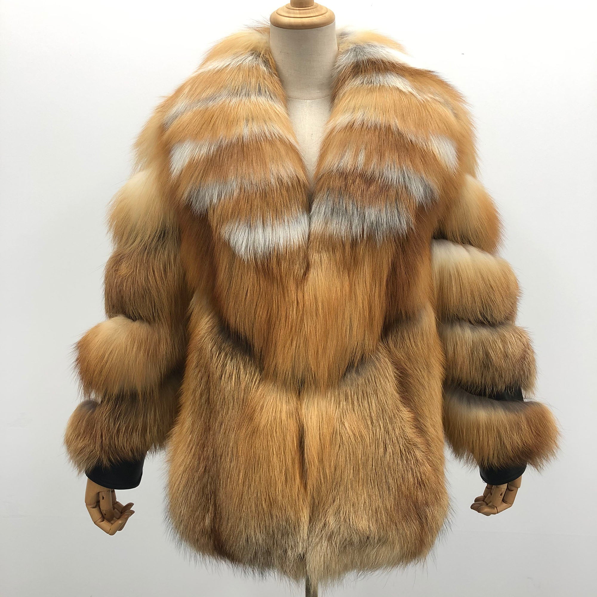Women's Natural Red Fox Fur Oversized Jacket with Big Lapel Collar — fur texture detail
