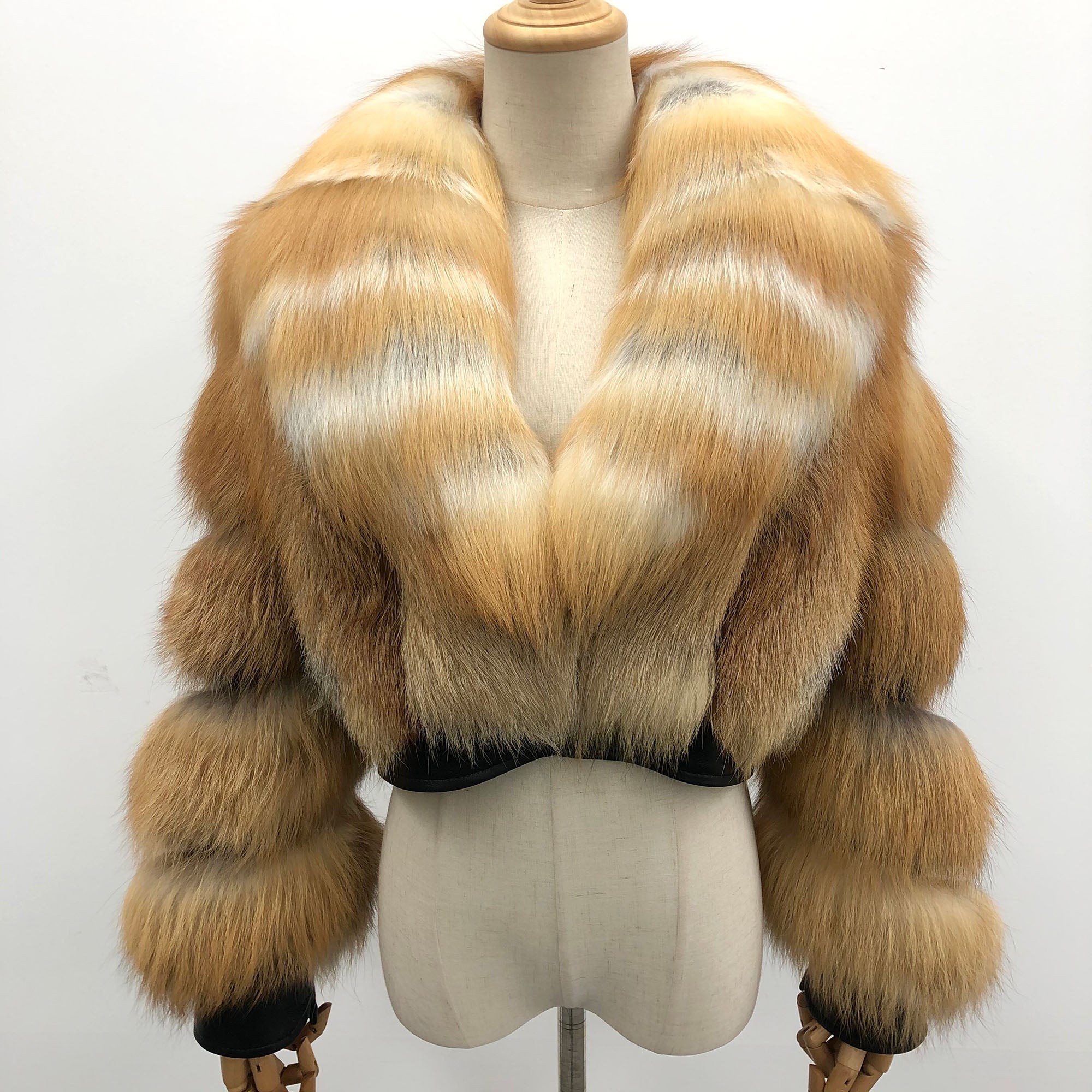Women's Red Fox Fur Cropped Jacket - Front View on Model