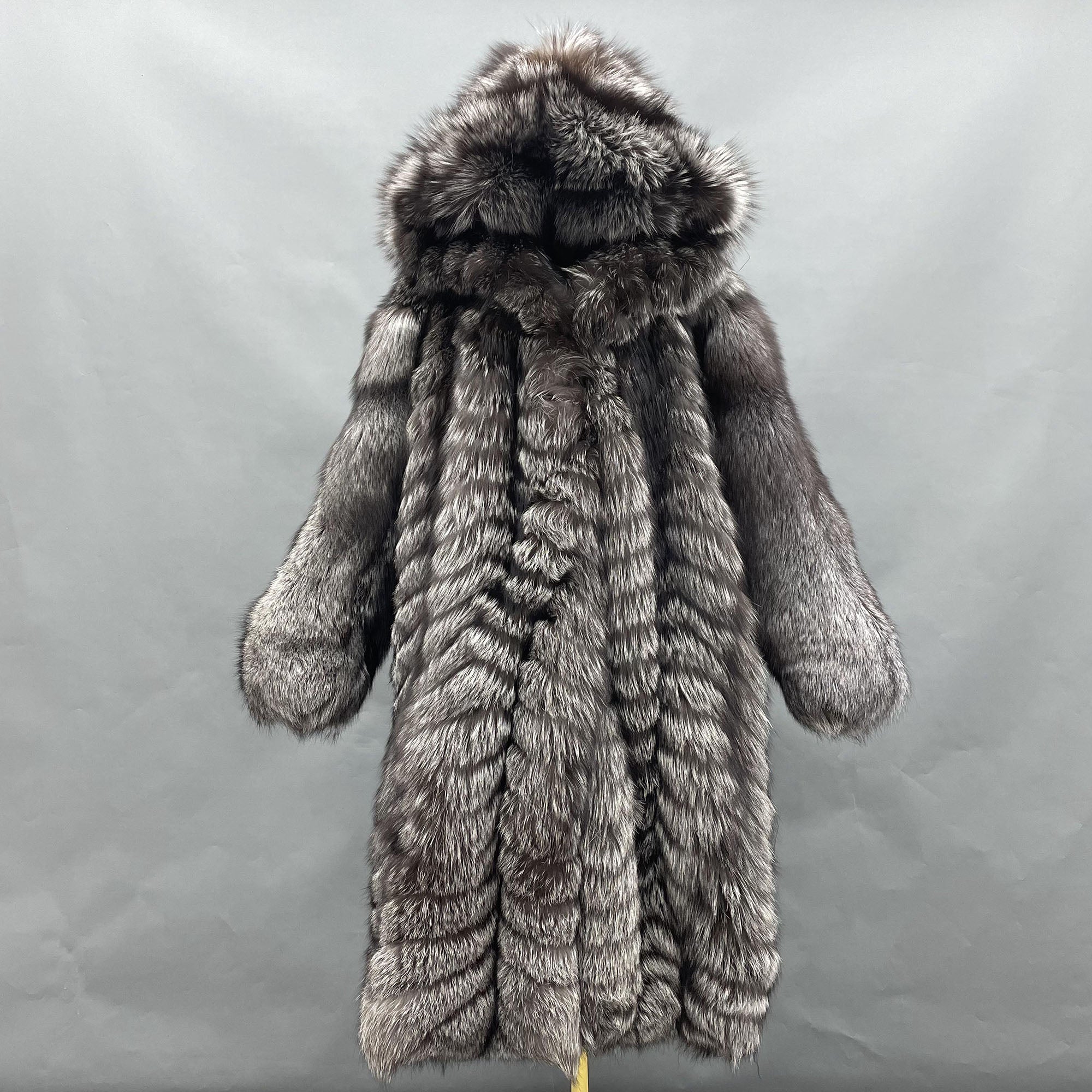 Women's Silver Fox Fur Oversized Long Coat - Model Seated