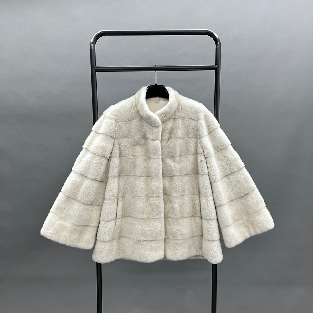 Women's Real Mink Fur Stand-Collar Cropped Coat - Natural White - Full View on Rack