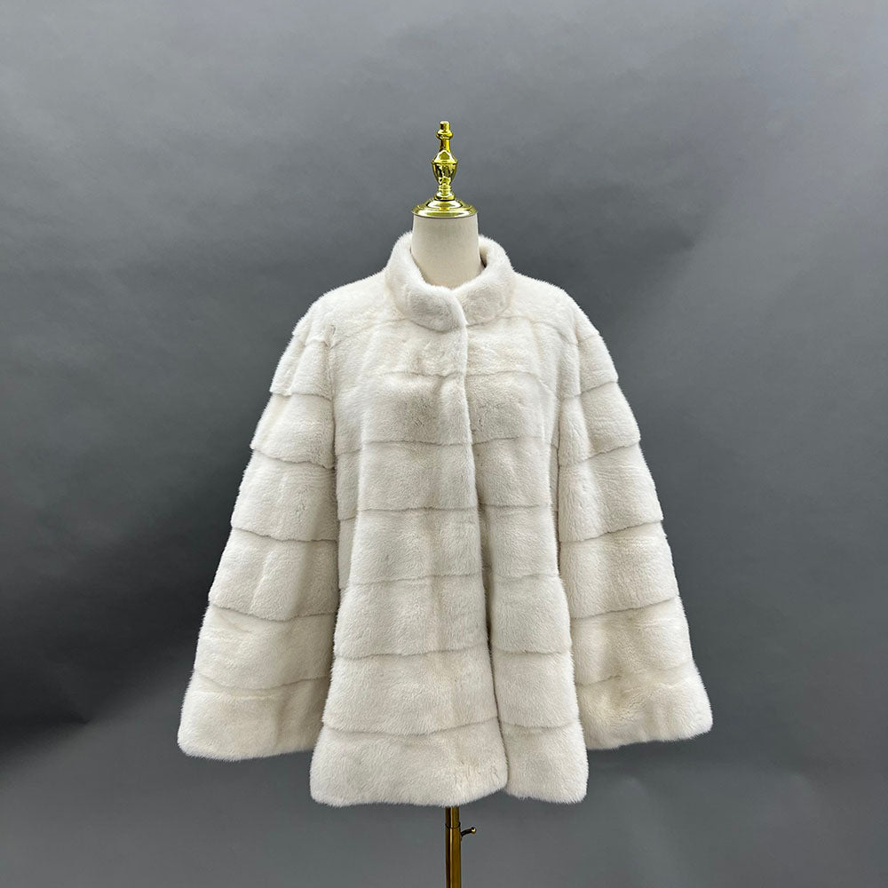 Women's Real Mink Fur Stand-Collar Cropped Coat - Natural White - Front View on Mannequin