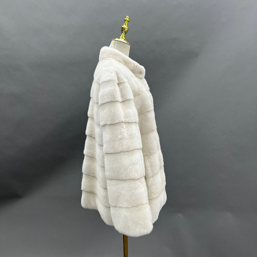 Women's Real Mink Fur Stand-Collar Cropped Coat - Natural White - Side View on Mannequin