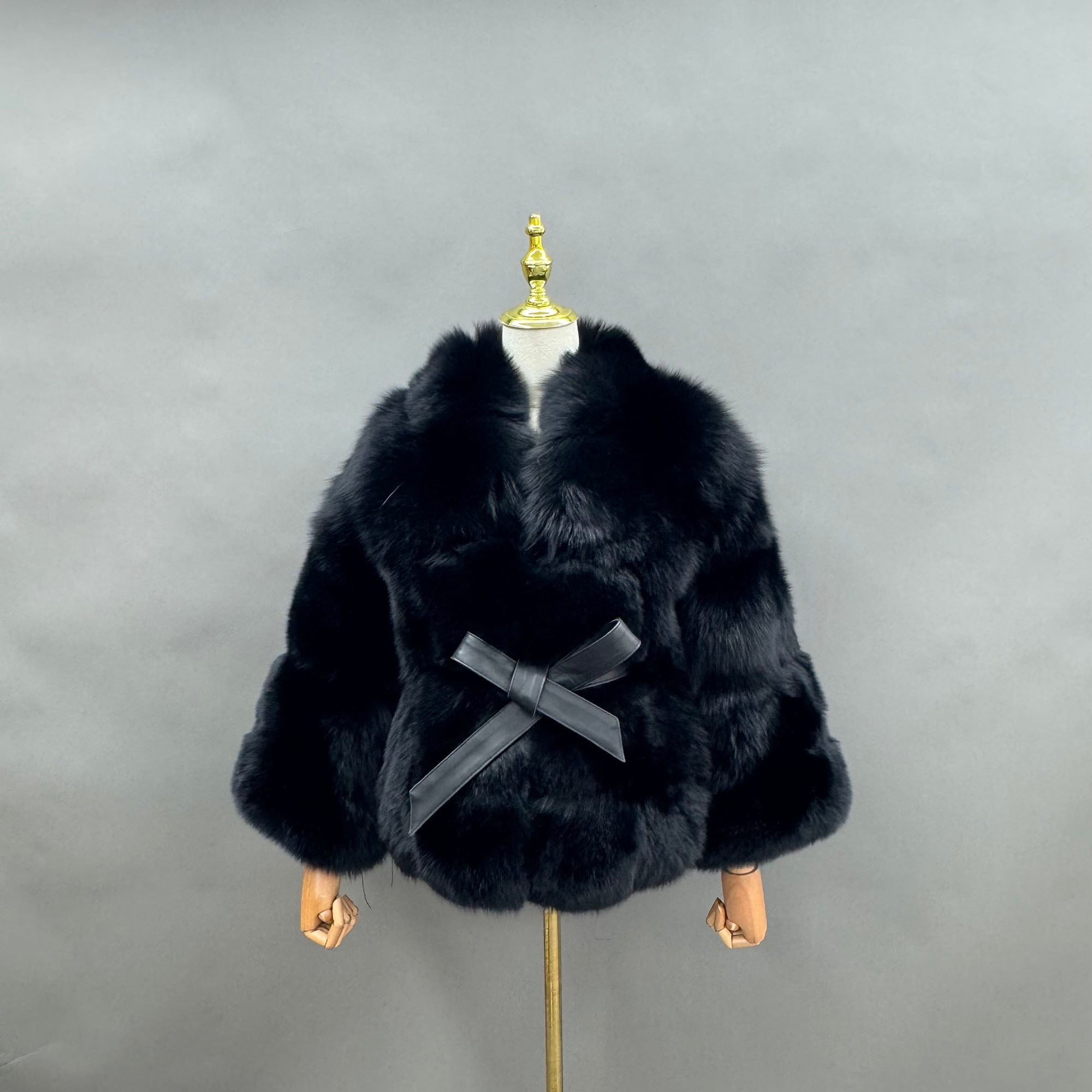 Women's Silver Fox Fur Oversized Cropped Jacket - Front View, Black