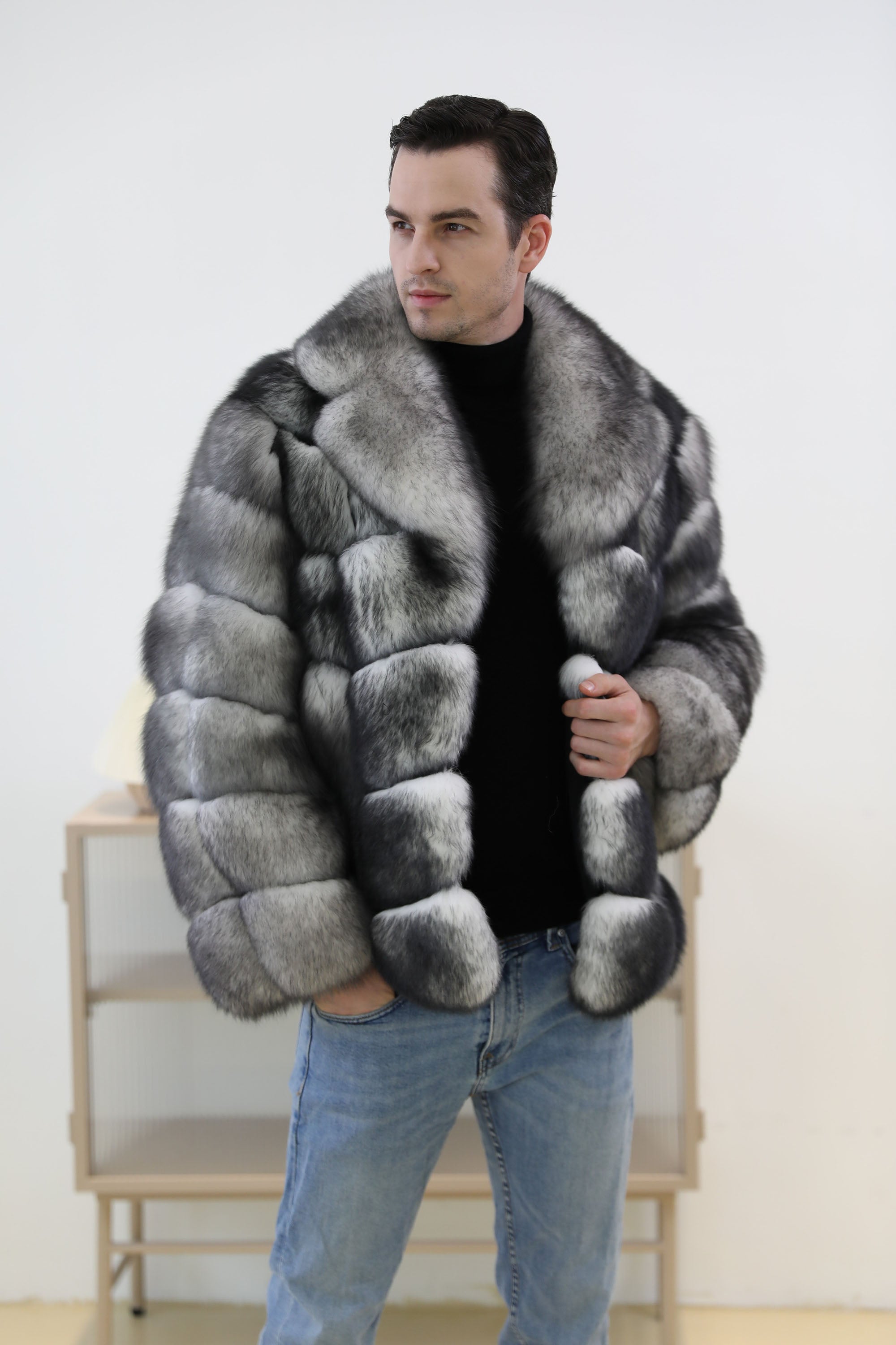 Men's Frosted Fox Fur Jacket - Frost Black - Side View