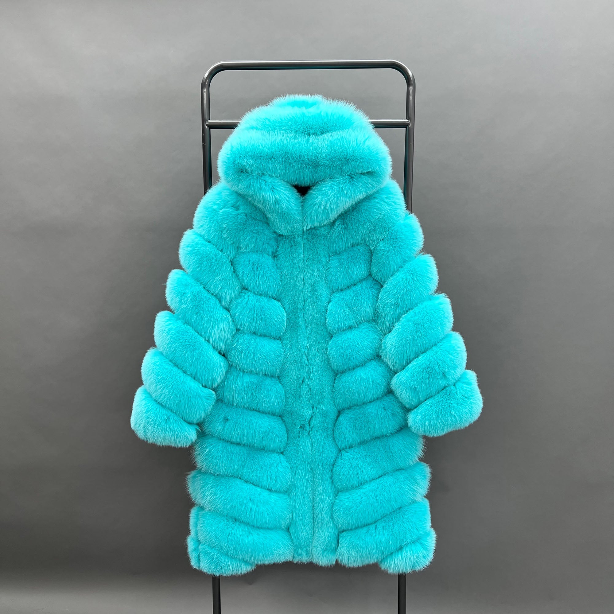 Women's Dyed Fox Fur Hooded Long Coat with Horizontal Stripe Panels — Downtown Rhythm