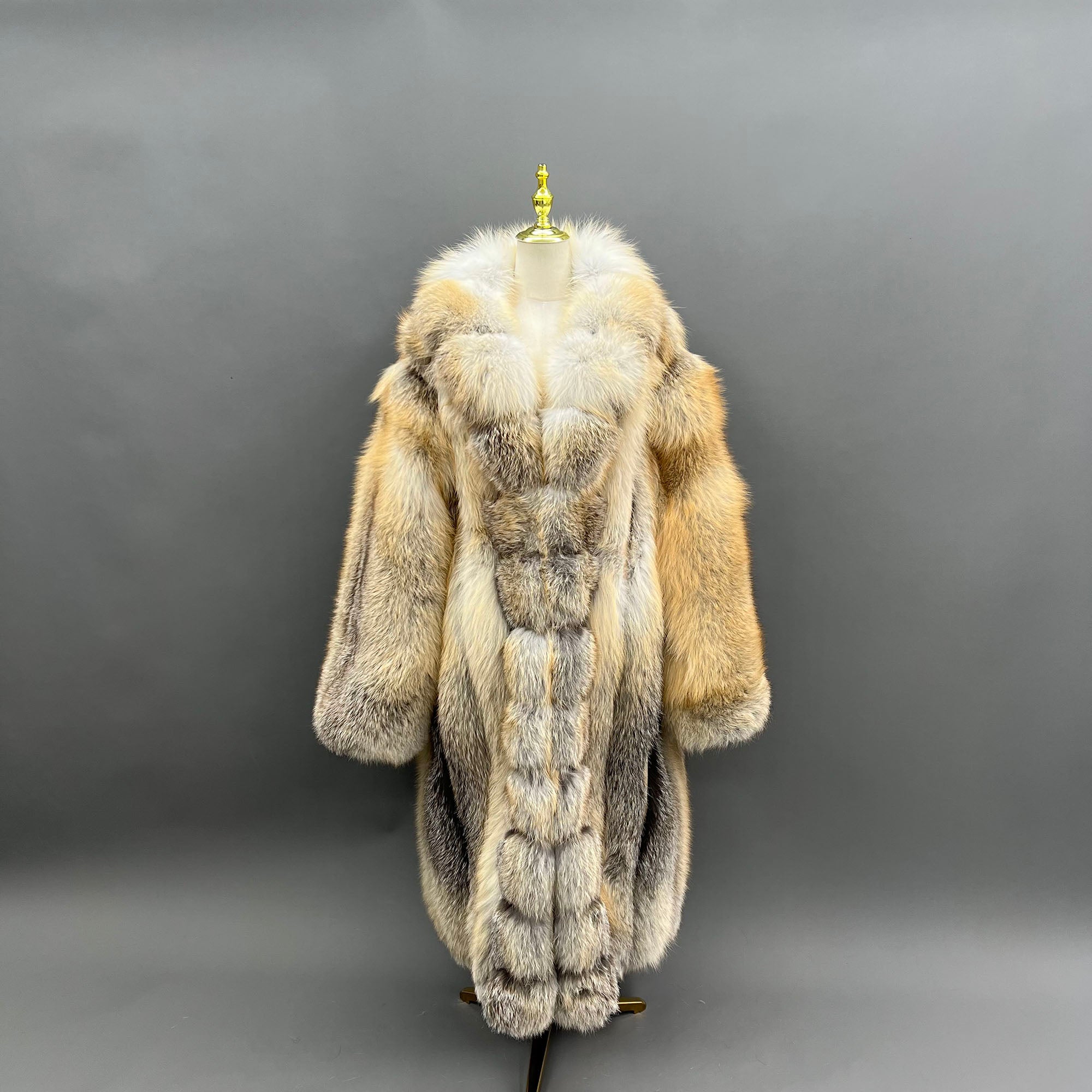 Women's Real Fox Fur Maxi Coat with Lapel Collar & Stacked Fur Placket