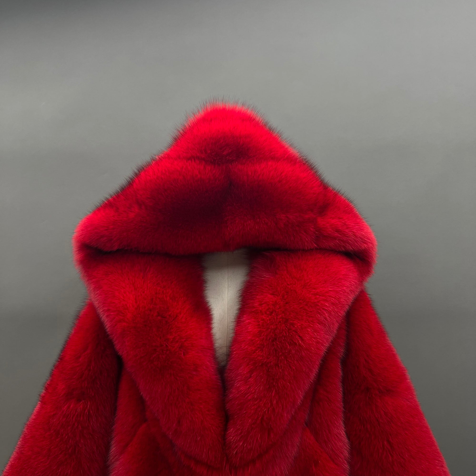 Women's Real Fox Fur Long Coat with Oversized Hood, Diagonal Stripe Panels & Full-Pelt Sleeves