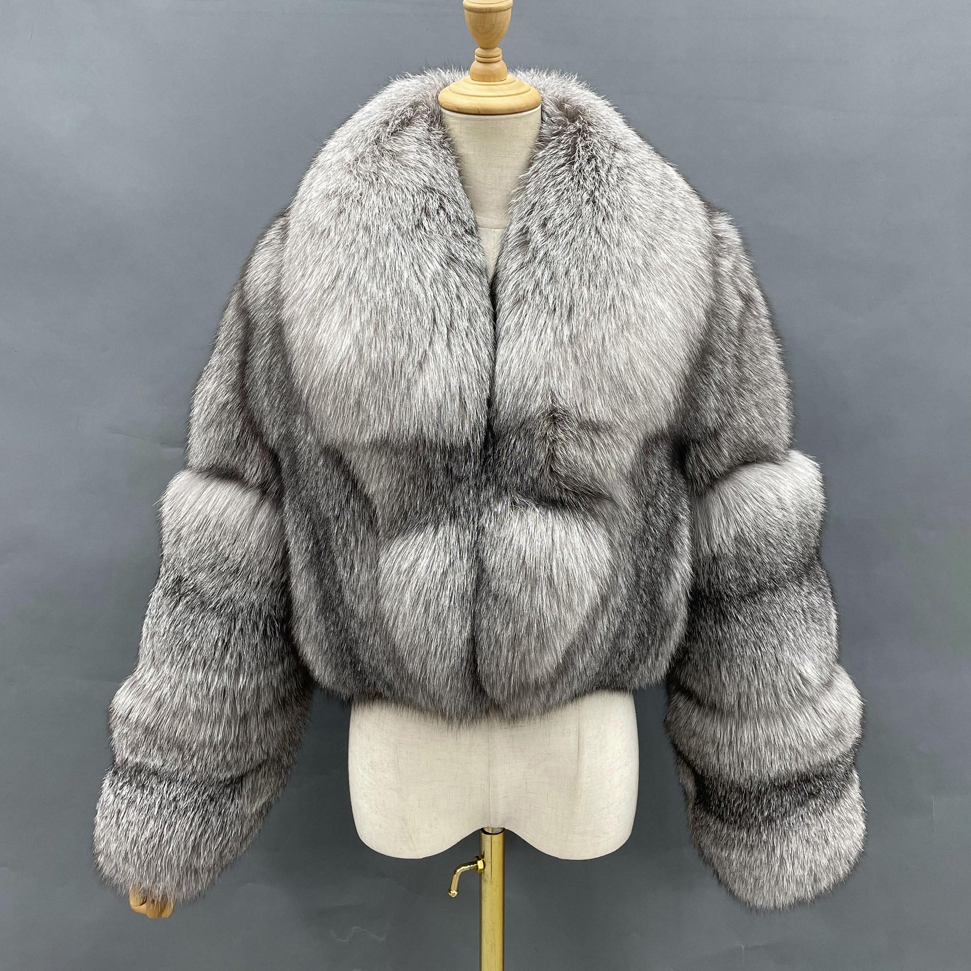 Women's Luxury Real Fox Fur Cropped Jacket - Silver Fox front view on mannequin