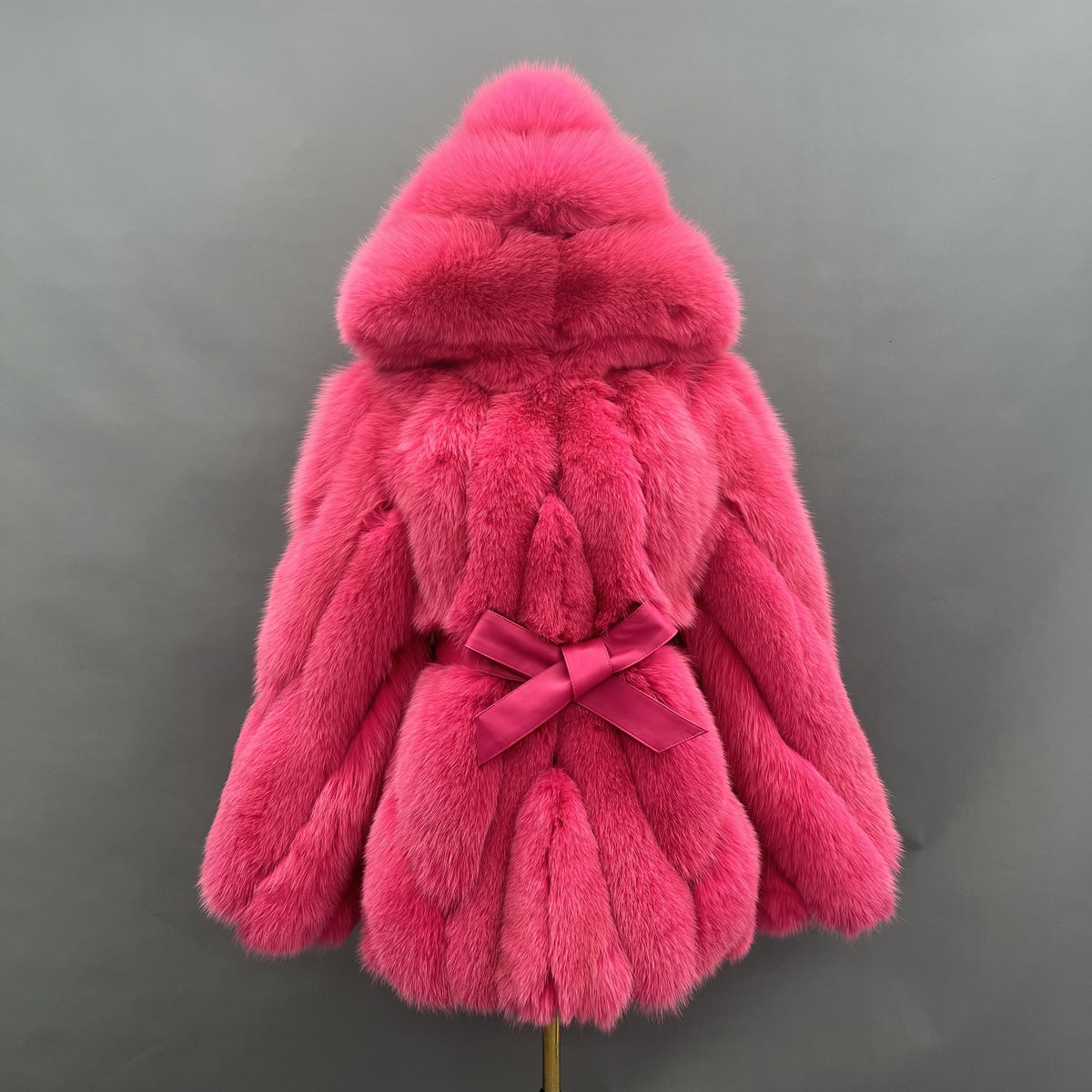 Women's Real Fox Fur Hip-Length Jacket with Oversized Hood & Bow Detail — Downtown Rhythm