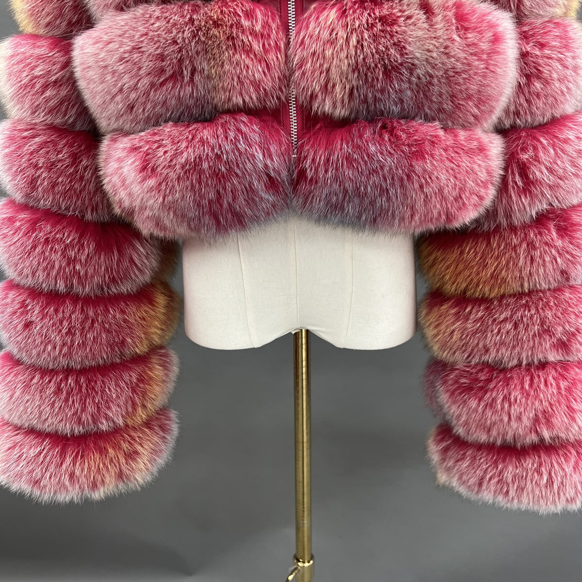 Women's Real Multicolor Fox Fur Cropped Jacket with Stand Collar & Zip Front — Downtown Rhythm