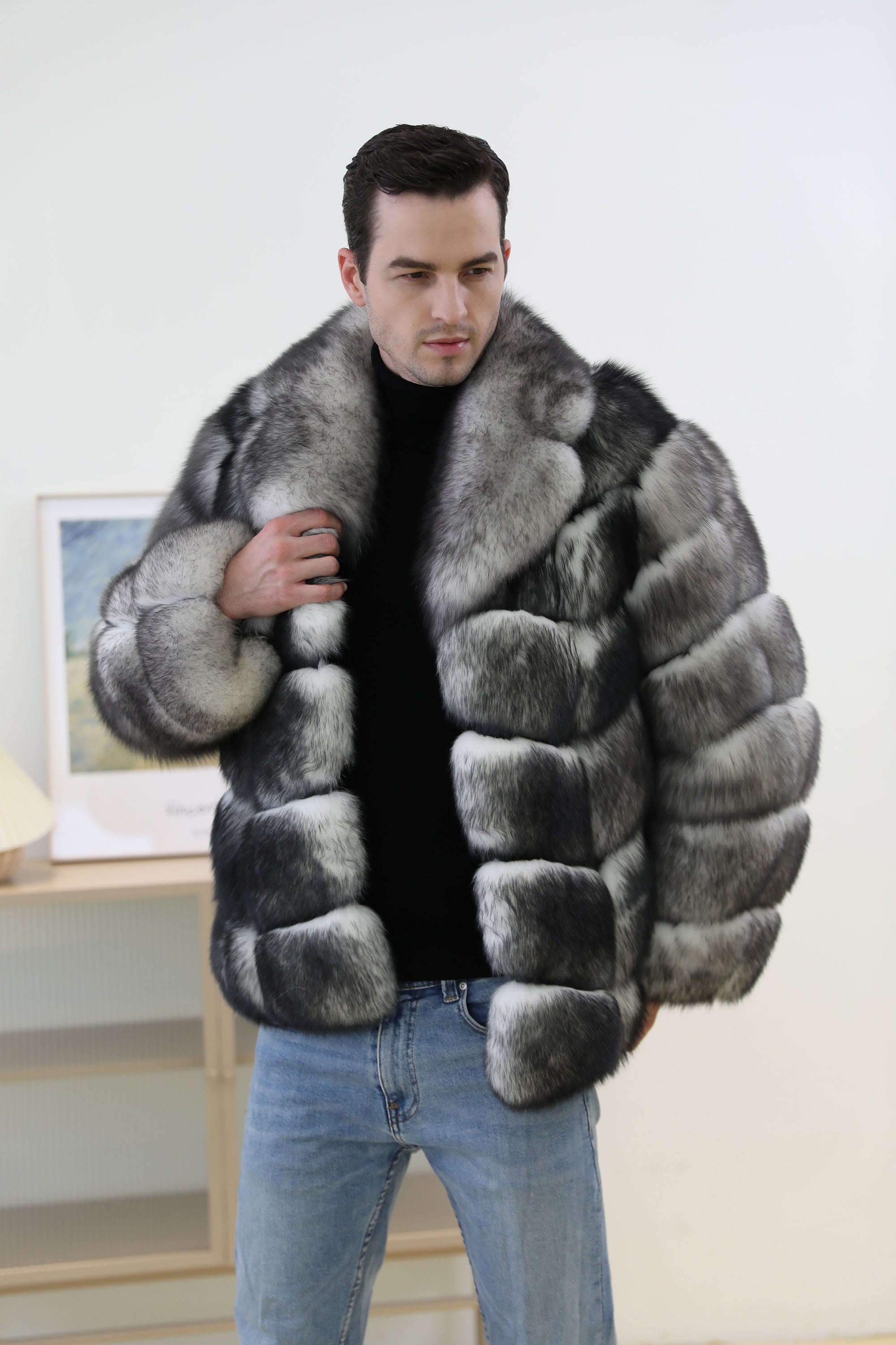 Men's Frosted Fox Fur Jacket - Frost Black - Open Front