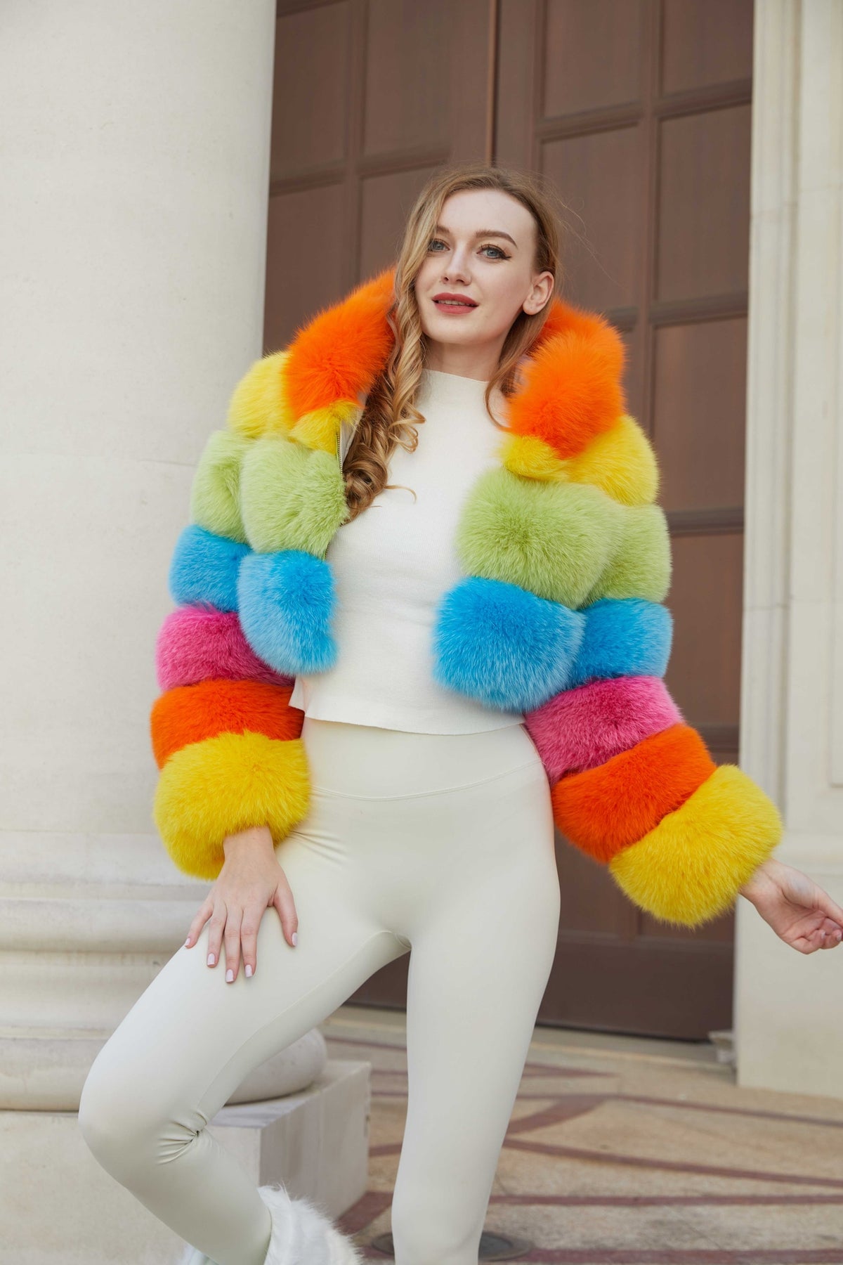 Women's Real Fox Fur Cropped Jacket with Three-Row Panels & Oversized Hood — Downtown Rhythm