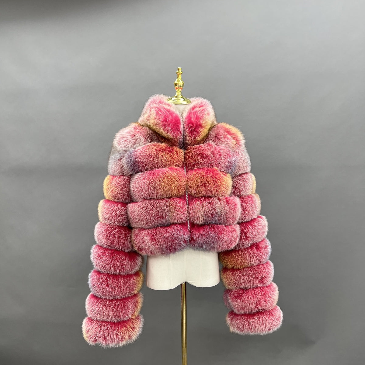 Women's Real Multicolor Fox Fur Cropped Jacket with Stand Collar & Zip Front — Downtown Rhythm