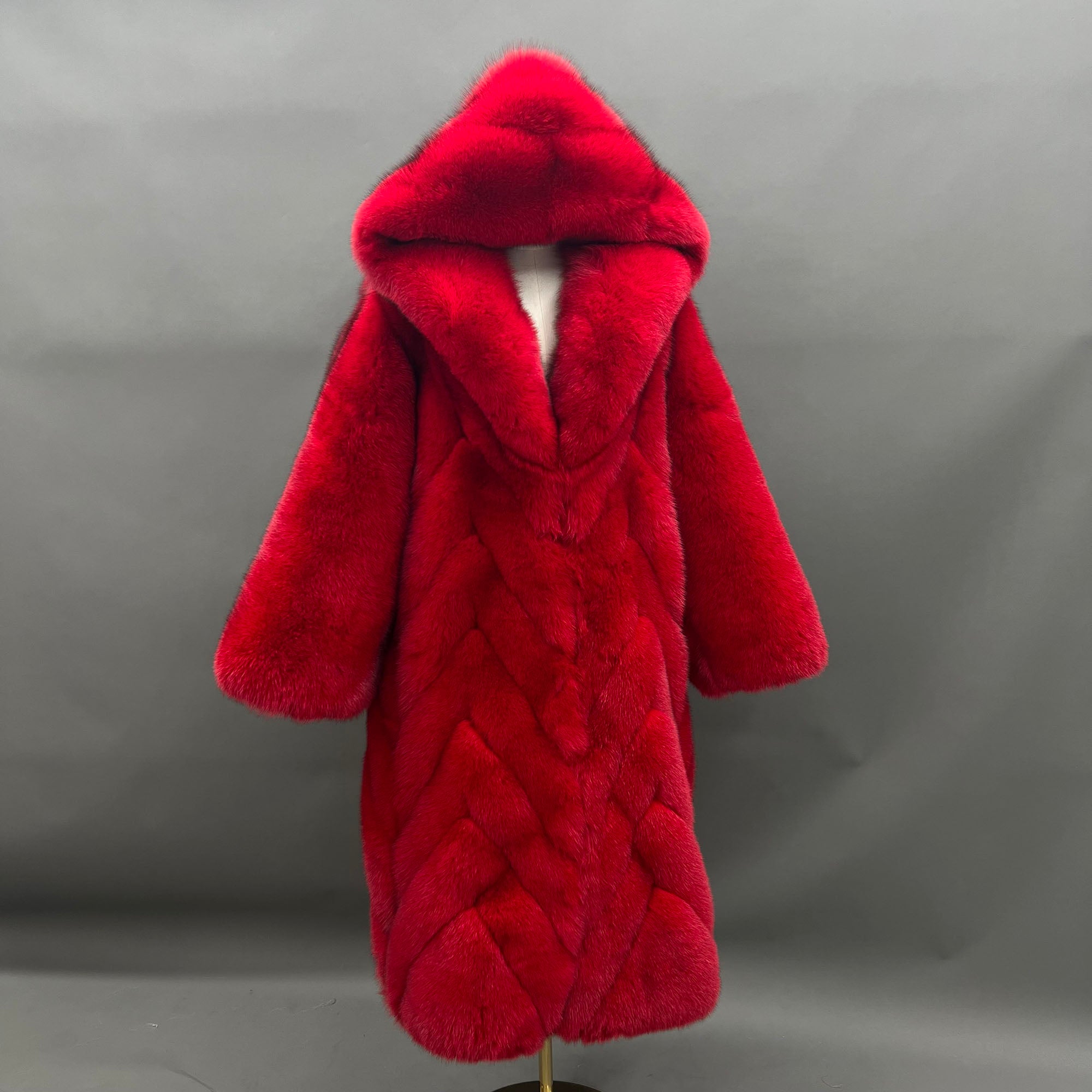 Women's Real Fox Fur Long Coat with Oversized Hood, Diagonal Stripe Panels & Full-Pelt Sleeves