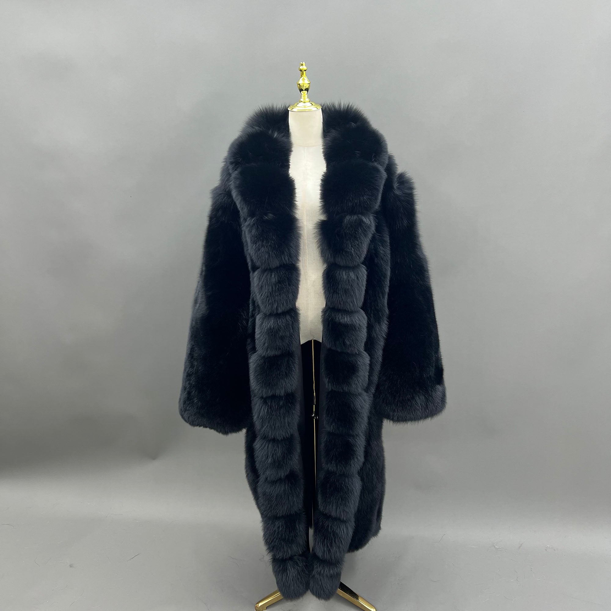 Women's Real Fox Fur Maxi Coat with Lapel Collar & Stacked Fur Placket