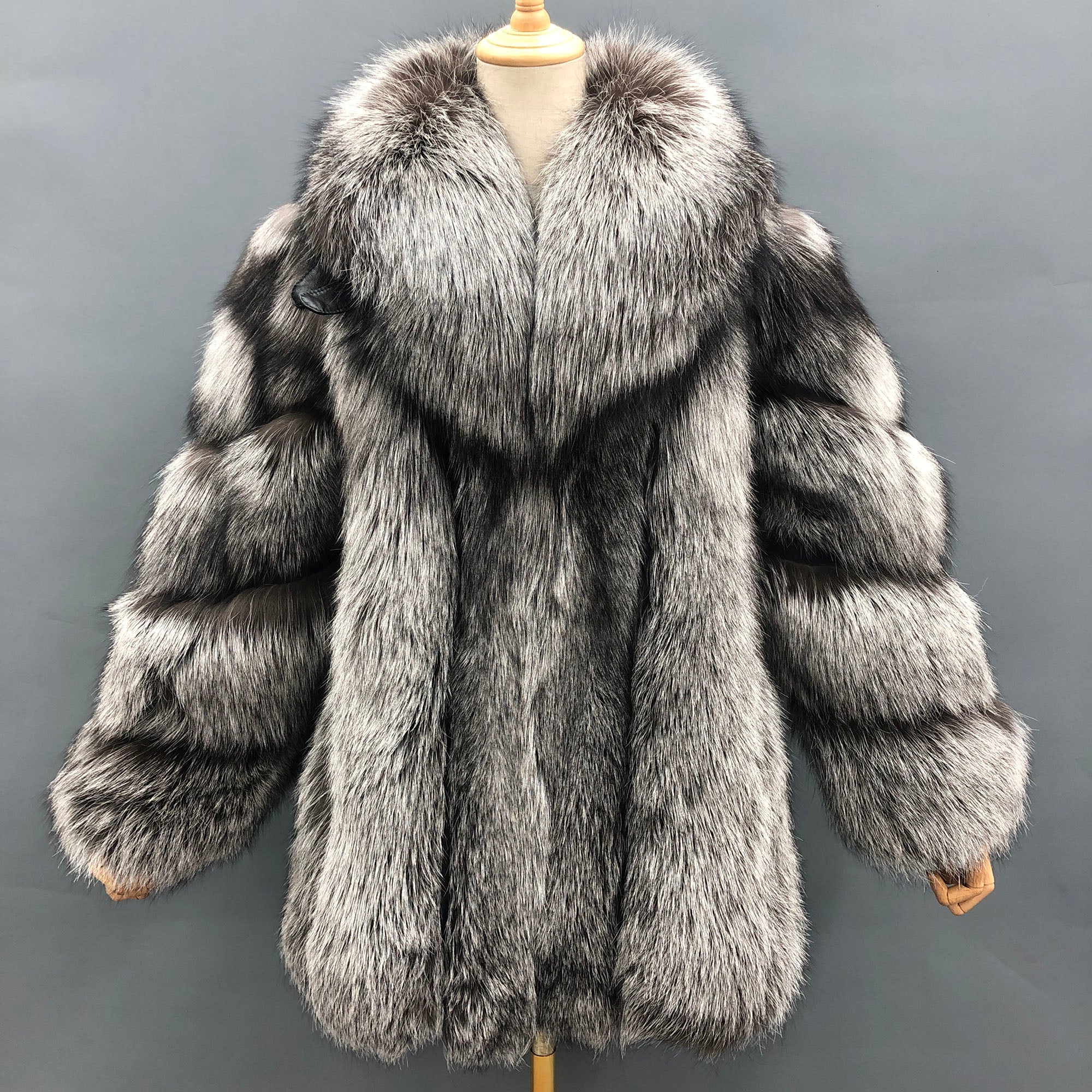 Women's Vertical-Stripe Fox Fur Oversized Coat with Banded Sleeves & Lapel Collar — Downtown Rhythm