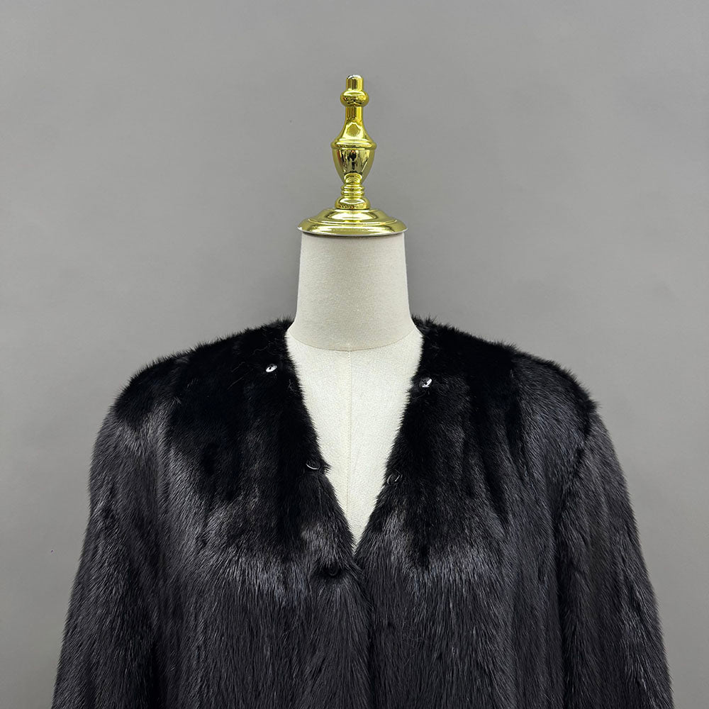 Women's Real Mink Fur Coat - Button Closure Detail