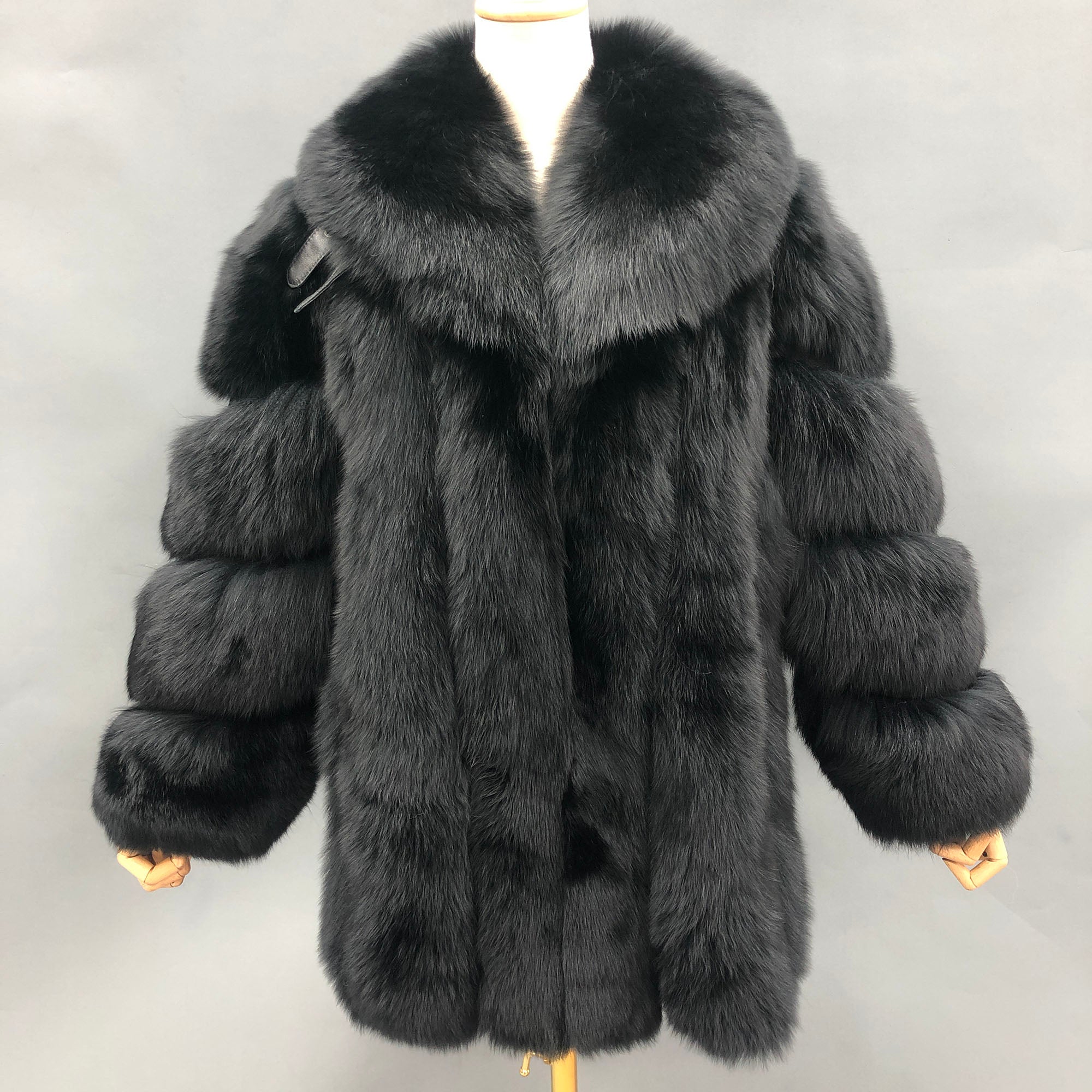 Women's Vertical-Stripe Fox Fur Oversized Coat with Banded Sleeves & Lapel Collar — Downtown Rhythm
