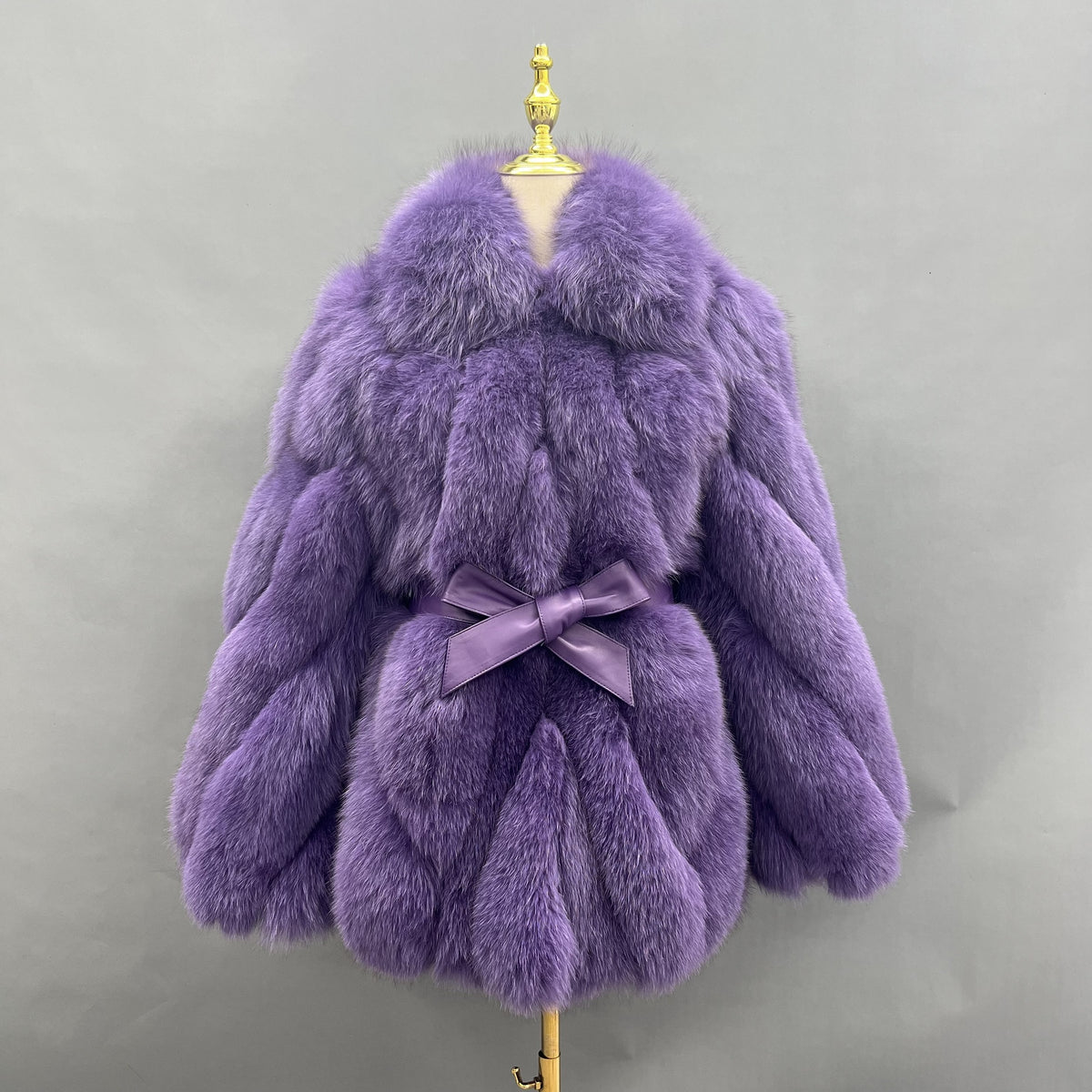 Women's Real Fox Fur Hip-Length Jacket with Turn-Down Collar & Bow Detail — Downtown Rhythm