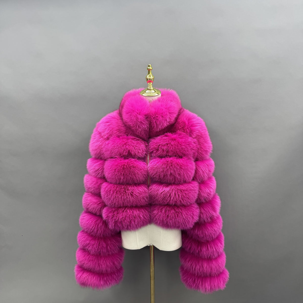 Women's Real Multicolor Fox Fur Cropped Jacket with Stand Collar & Zip Front — Downtown Rhythm