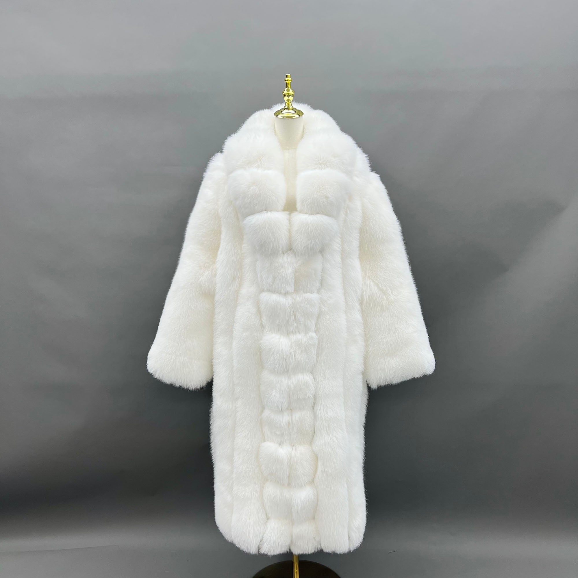 Women's Real Fox Fur Maxi Coat with Lapel Collar & Stacked Fur Placket