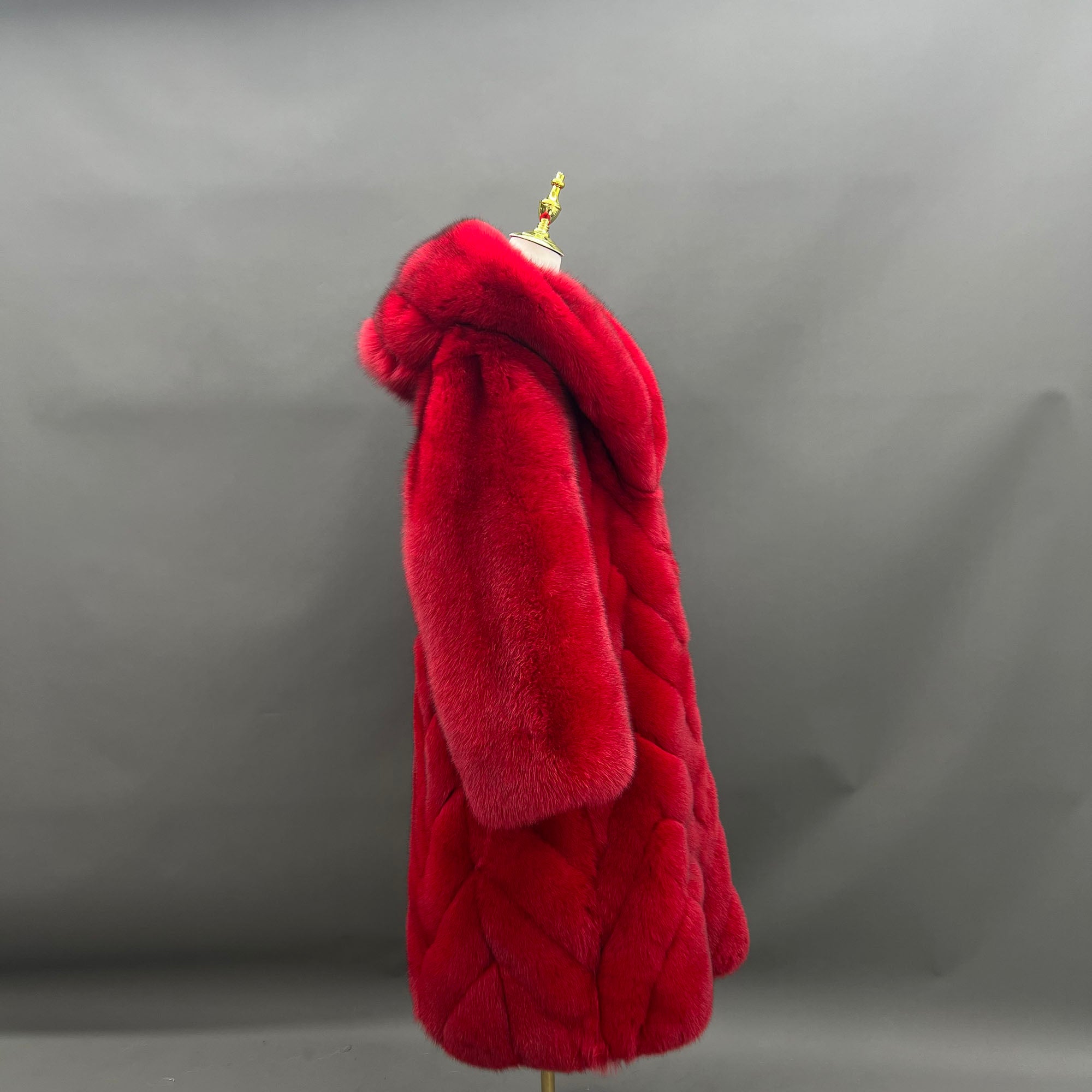 Women's Real Fox Fur Long Coat with Oversized Hood, Diagonal Stripe Panels & Full-Pelt Sleeves
