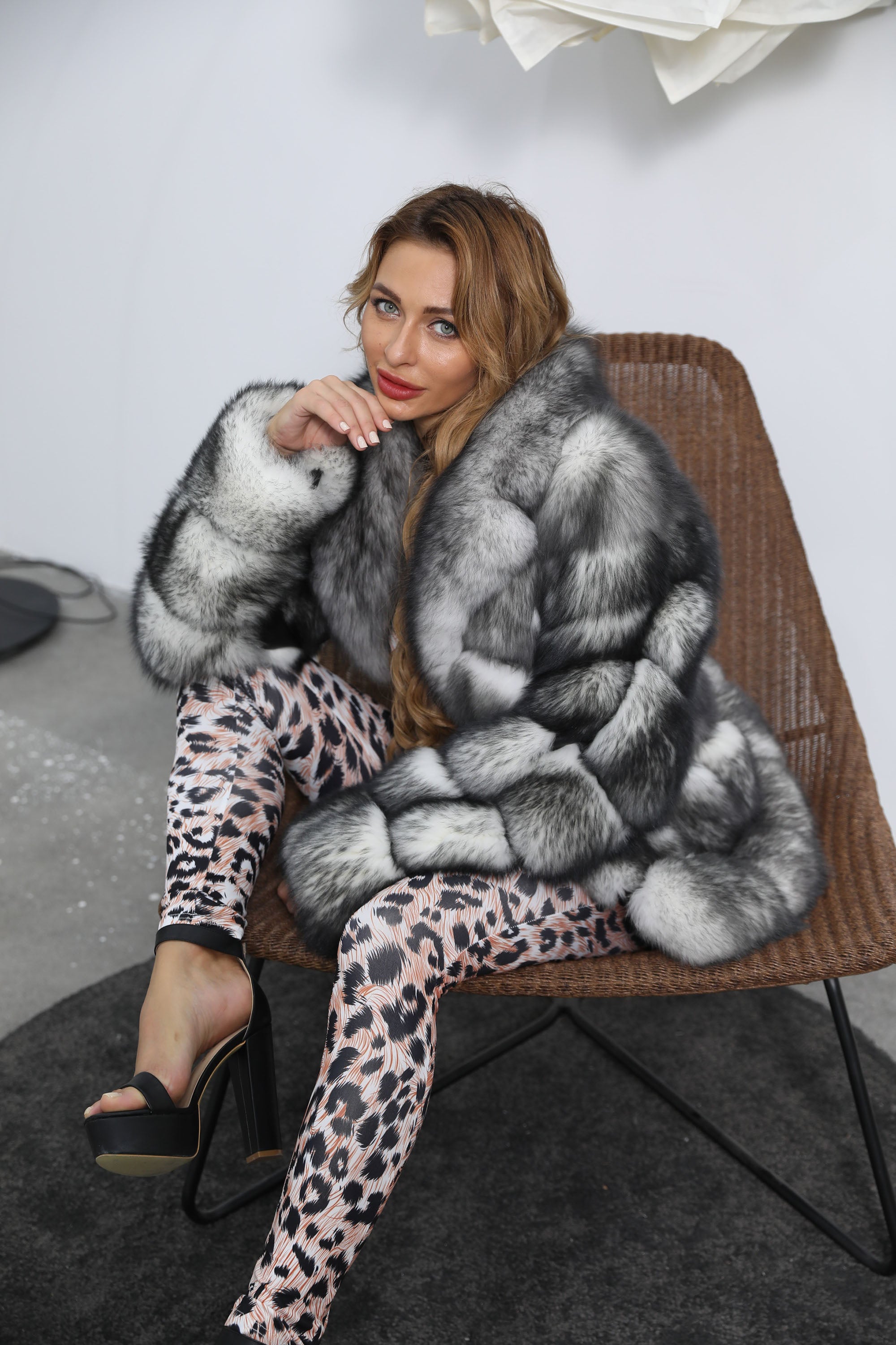 Women's Frosted Fox Fur Coat - Frost Black - Model Seated