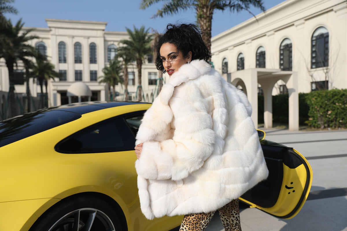 Women's Real Fox Fur Hip-Length Jacket with Shawl Collar & Sculpted Panels — The Archive