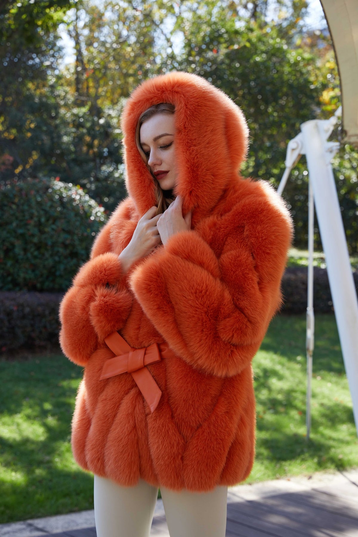 Women's Real Fox Fur Hip-Length Jacket with Oversized Hood & Bow Detail — Downtown Rhythm