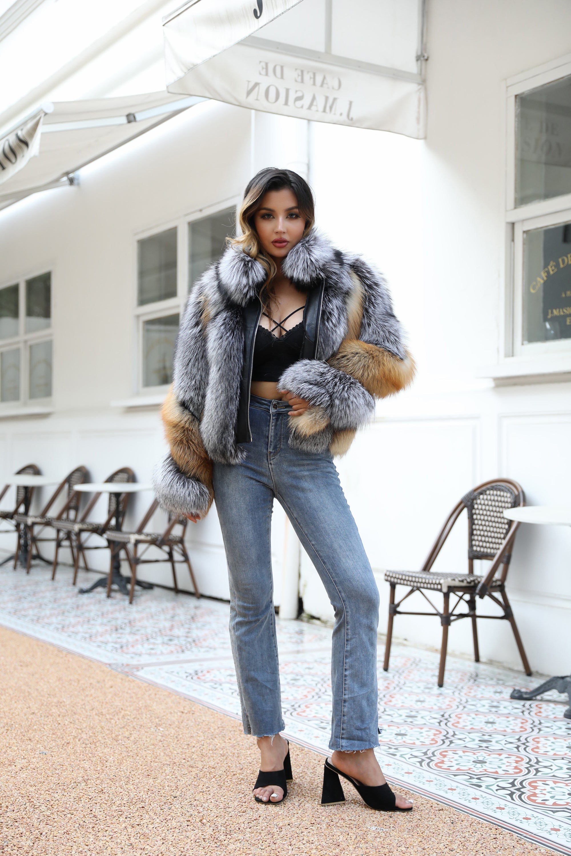 Women's Real Silver Fox & Red Fox Fur Jacket | Luxury Two-Tone Zip-Up Coat