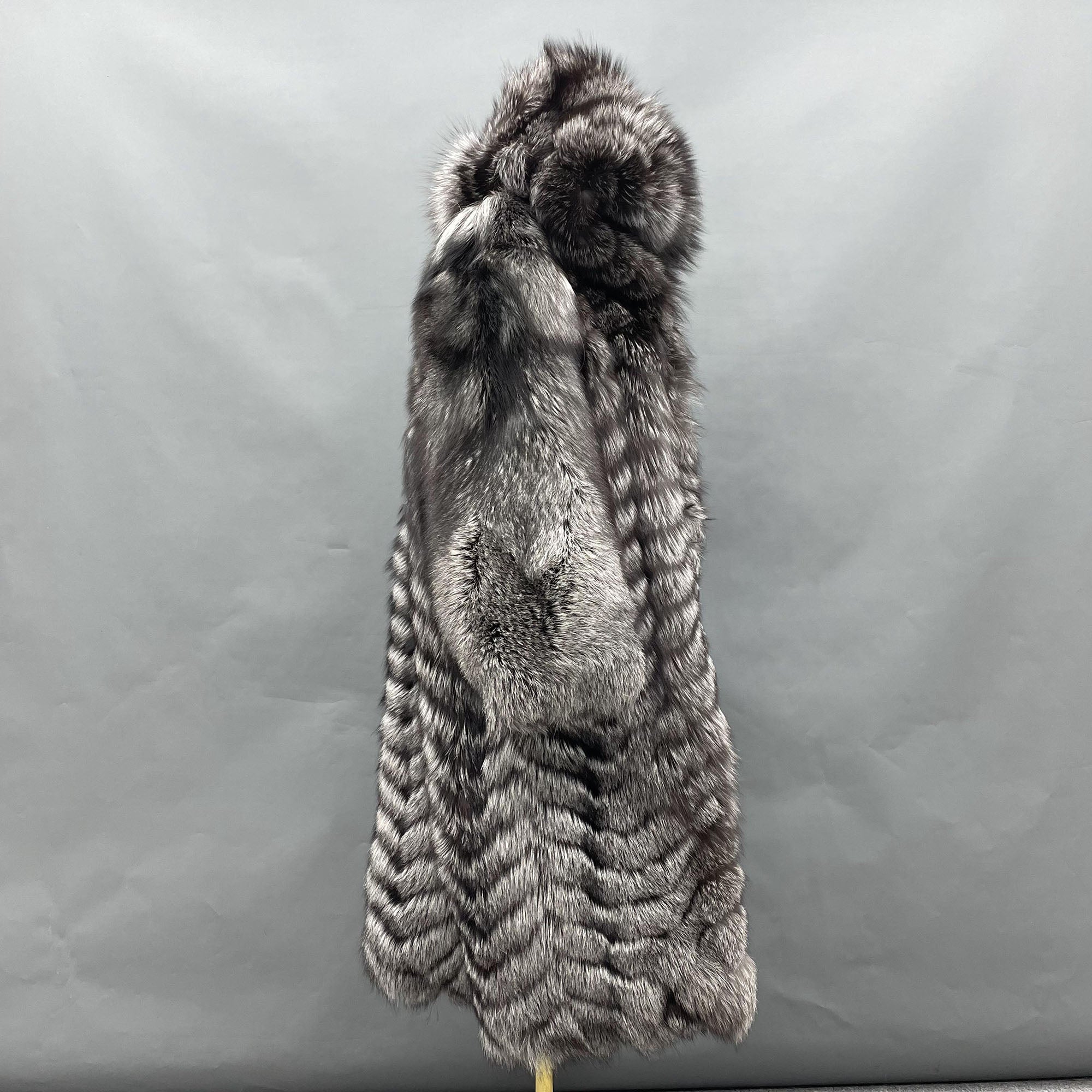 Women's Silver Fox Fur Oversized Long Coat - Hood Close-up