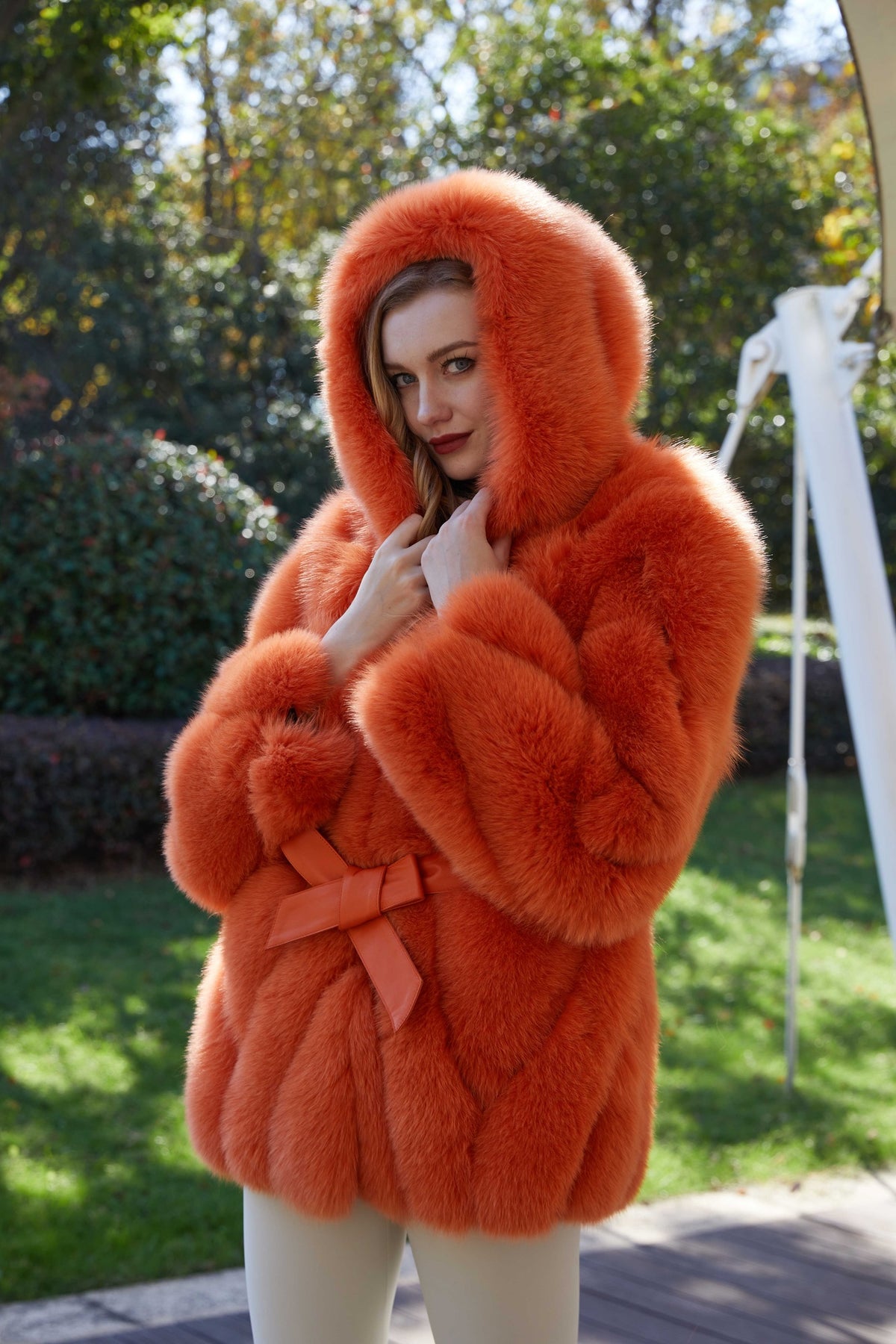 Women's Real Fox Fur Hip-Length Jacket with Oversized Hood & Bow Detail — Downtown Rhythm