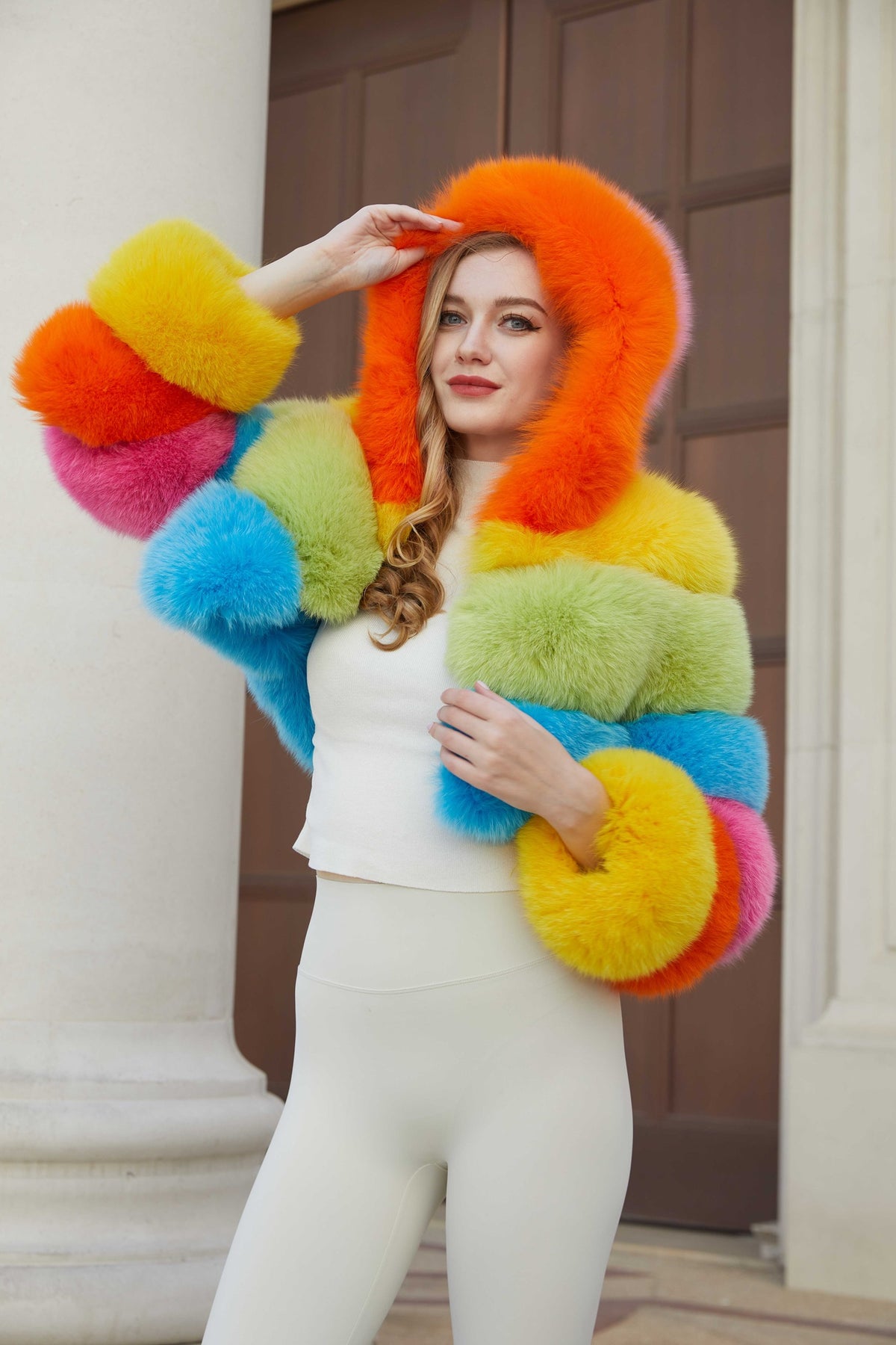 Women's Real Fox Fur Cropped Jacket with Three-Row Panels & Oversized Hood — Downtown Rhythm