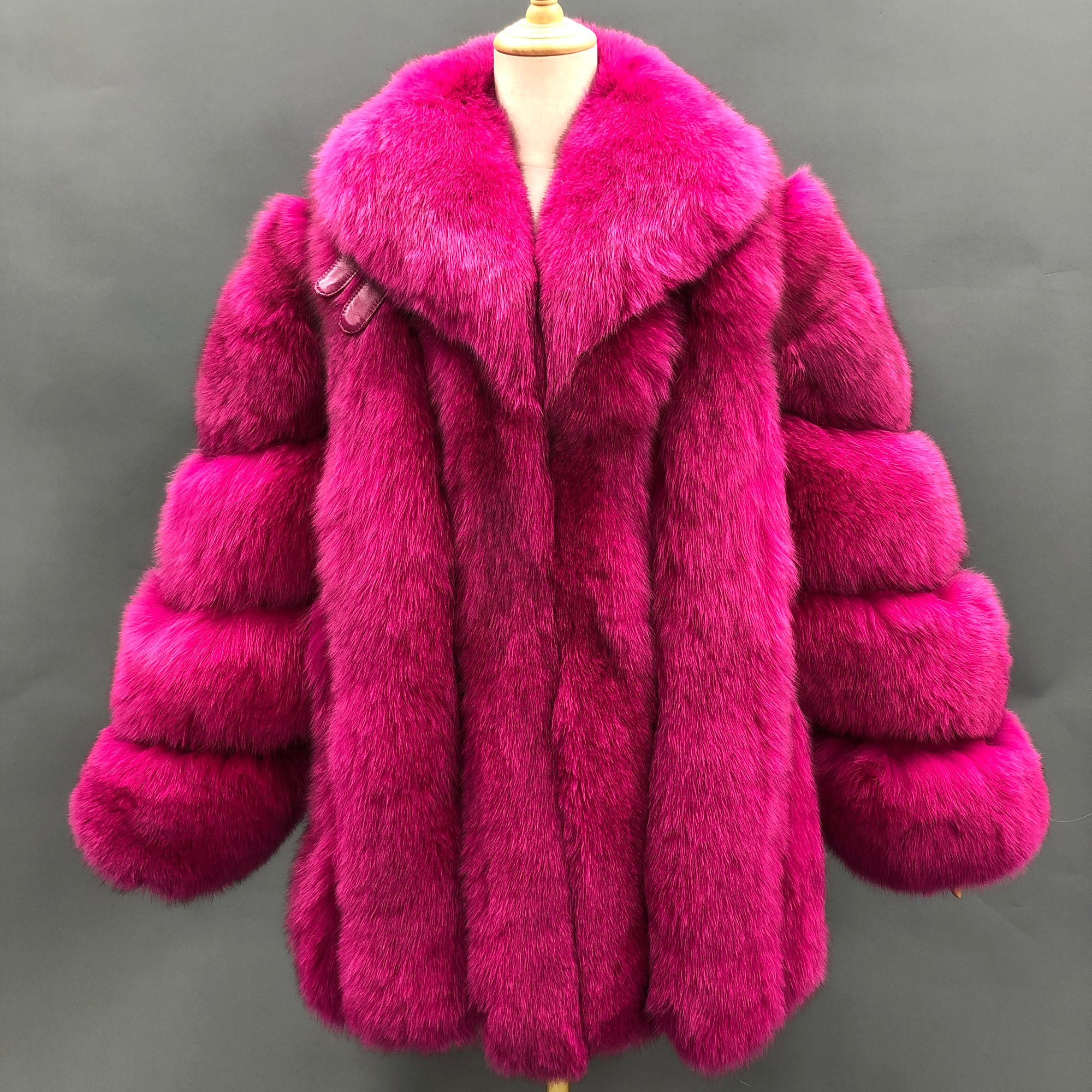 Women's Vertical-Stripe Fox Fur Oversized Coat with Banded Sleeves & Lapel Collar — Downtown Rhythm