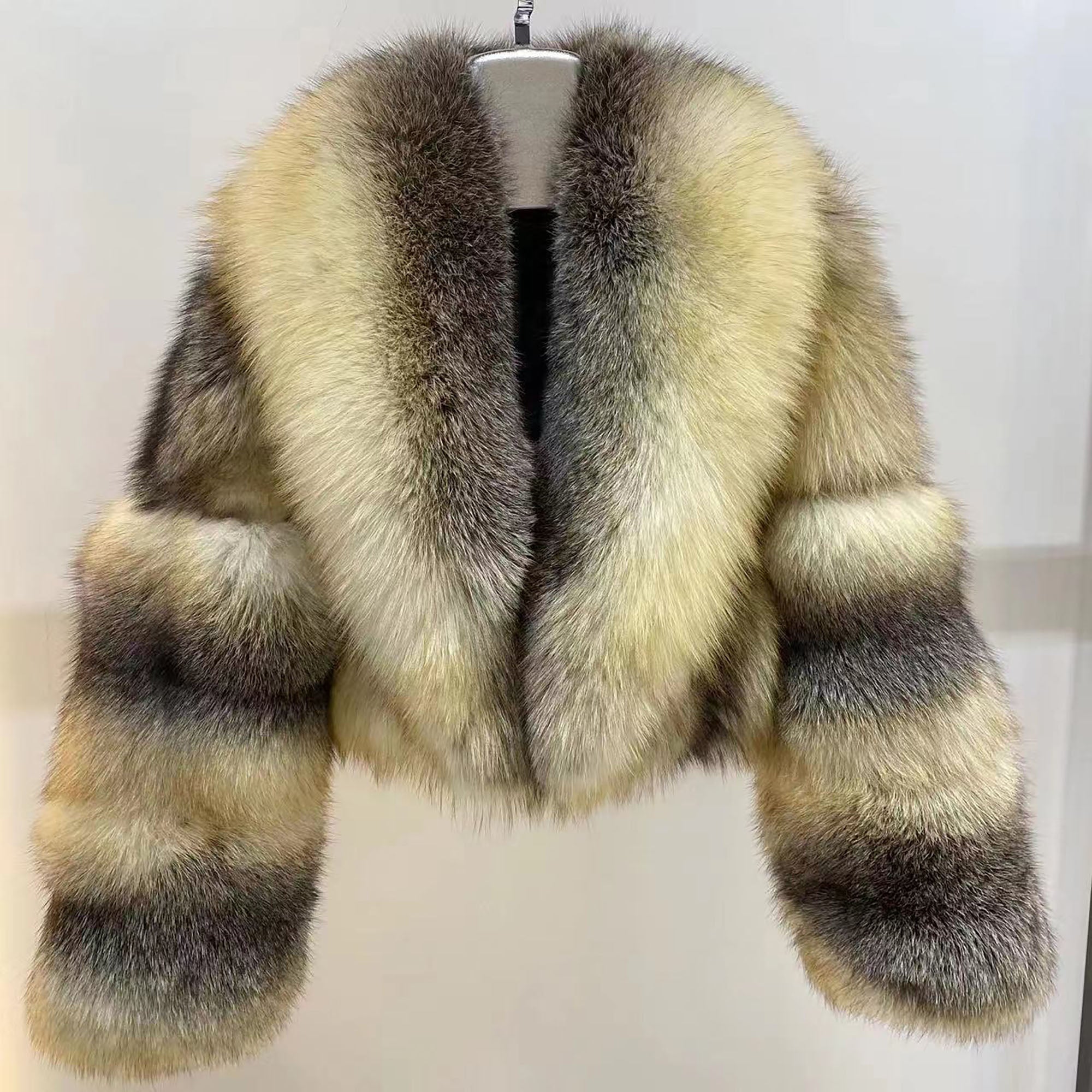 Women's Luxury Real Fox Fur Cropped Jacket - Golden Island Fox front view