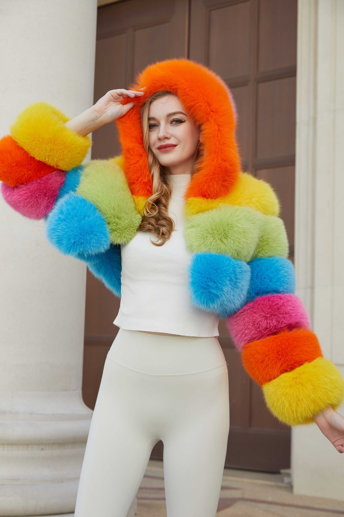 Women's Real Fox Fur Cropped Jacket with Three-Row Panels & Oversized Hood — Downtown Rhythm