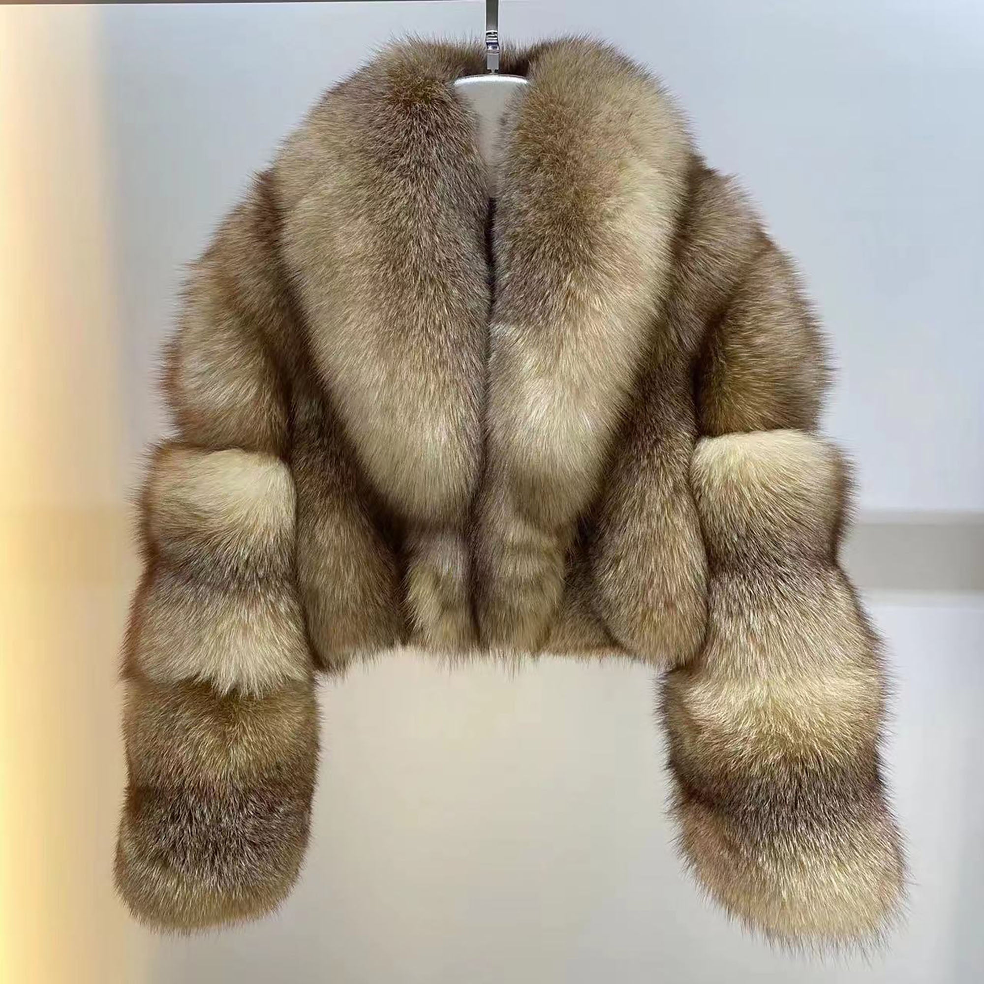Women's Luxury Real Fox Fur Cropped Jacket - Cross Fox warm tones front view