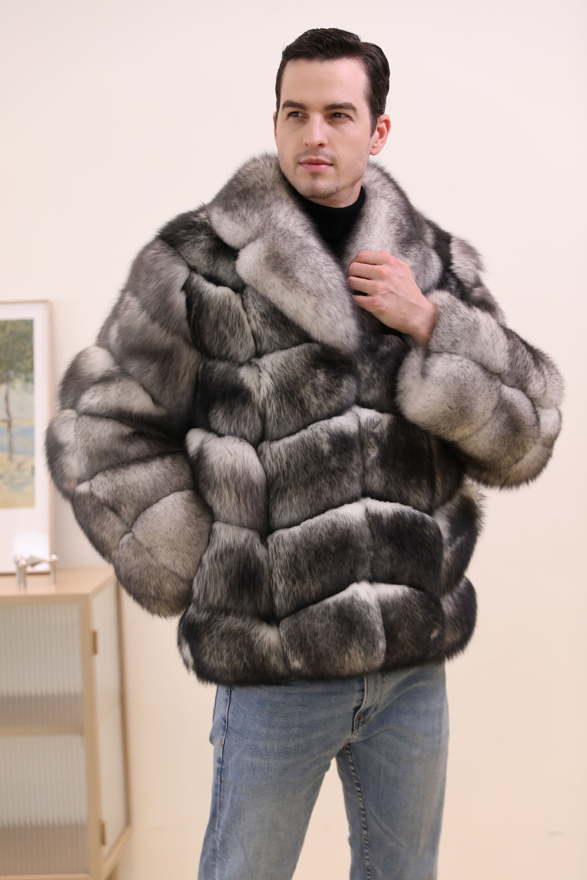 Men's Frosted Fox Fur Jacket - Frost Black - Three Quarter View