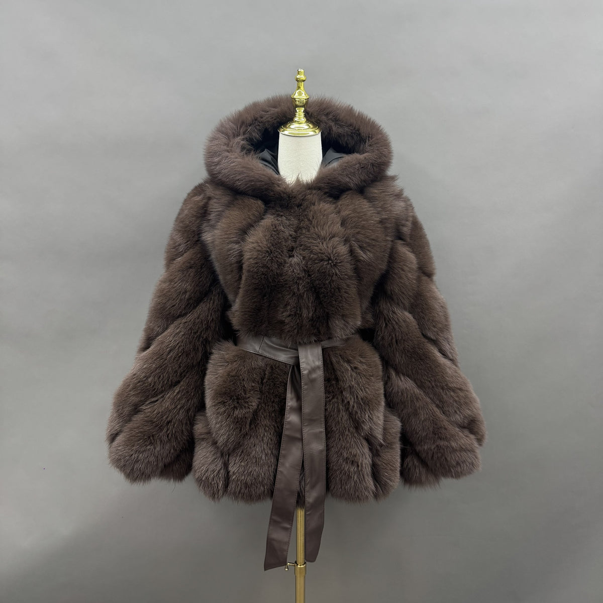 Women's Real Fox Fur Hip-Length Jacket with Oversized Hood & Bow Detail — Downtown Rhythm