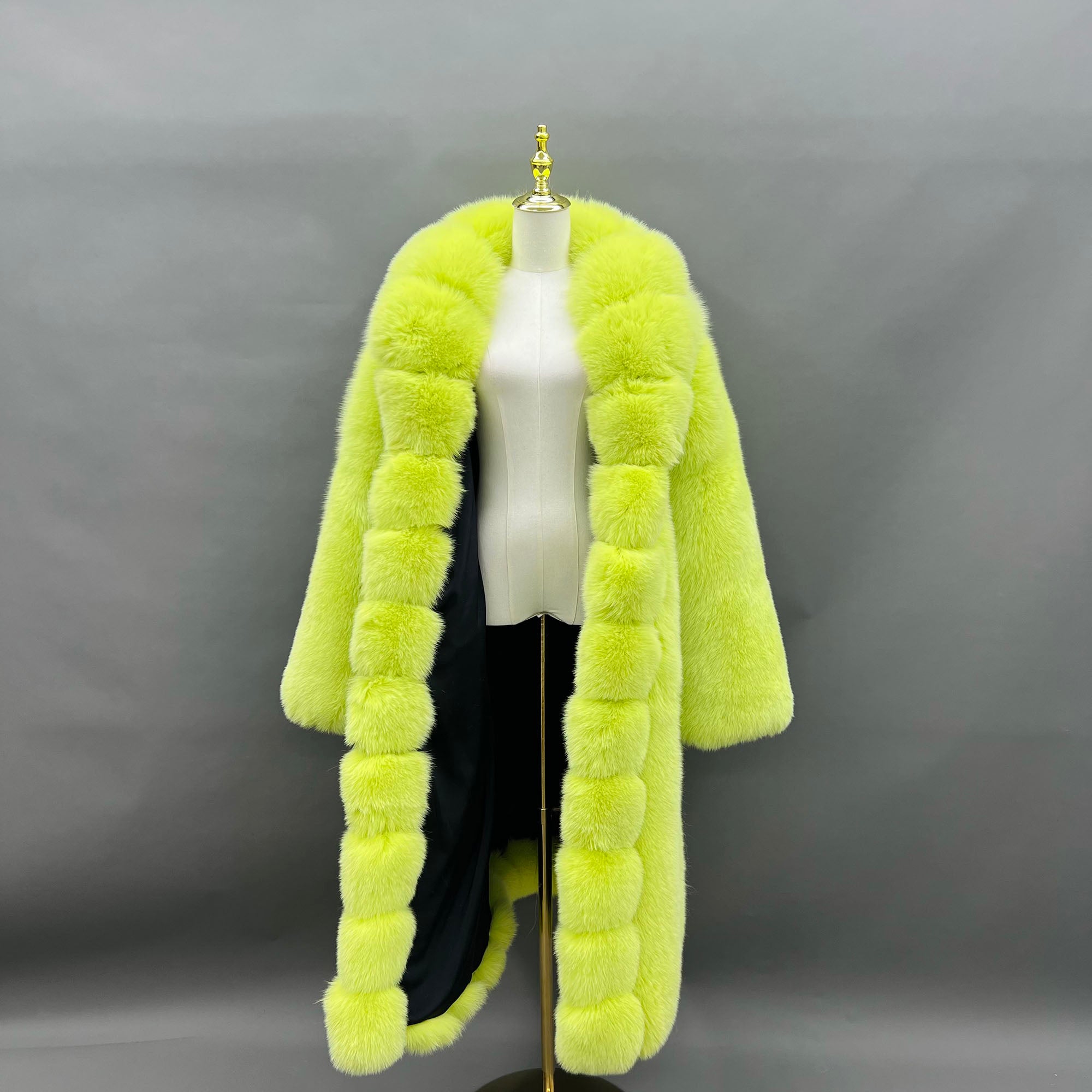 Women's Real Fox Fur Maxi Coat with Lapel Collar & Stacked Fur Placket
