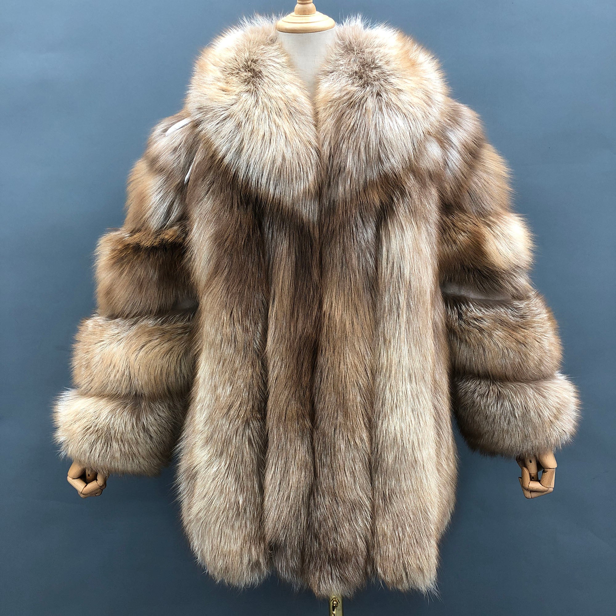 Women's Vertical-Stripe Fox Fur Oversized Coat with Banded Sleeves & Lapel Collar — Downtown Rhythm
