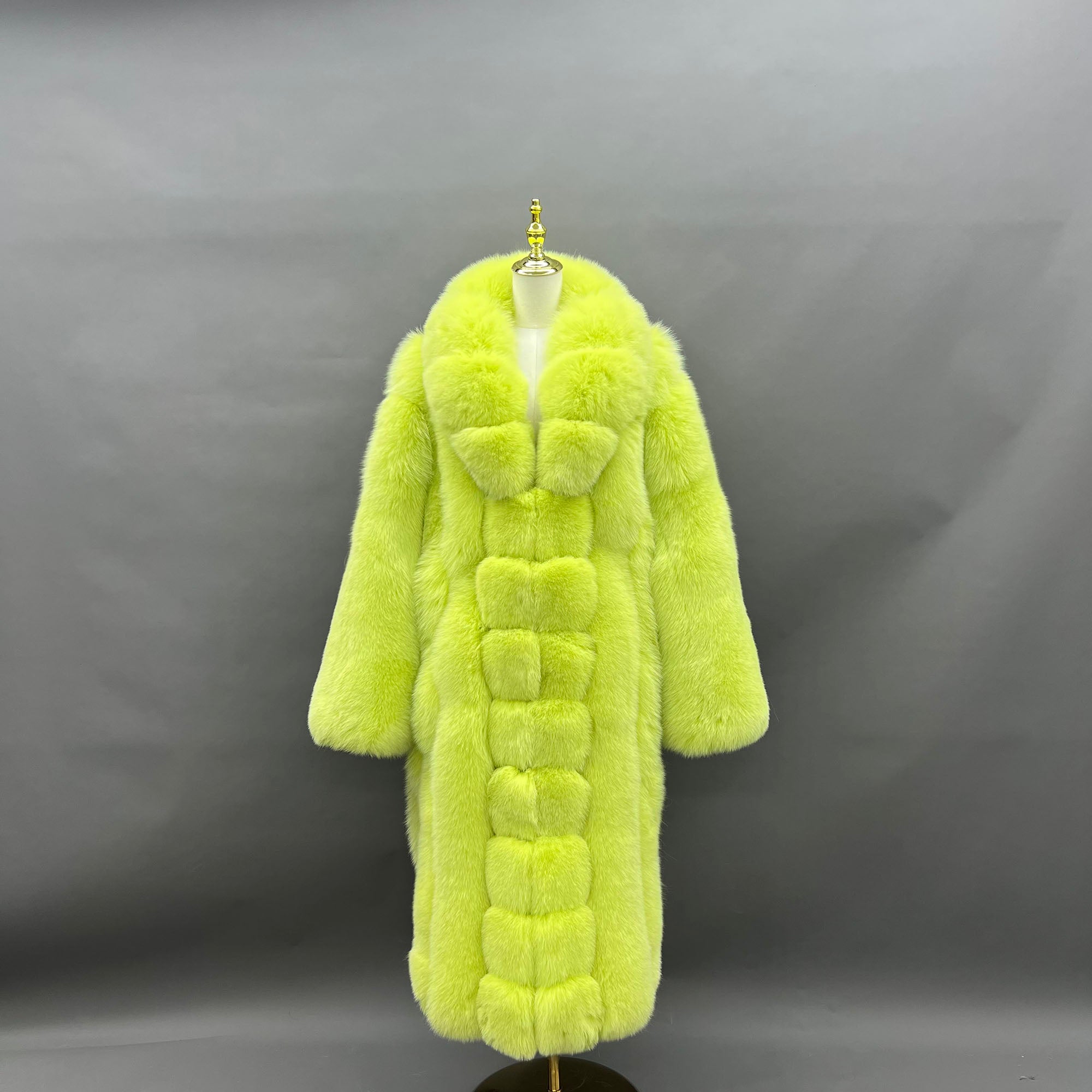 Women's Real Fox Fur Maxi Coat with Lapel Collar & Stacked Fur Placket