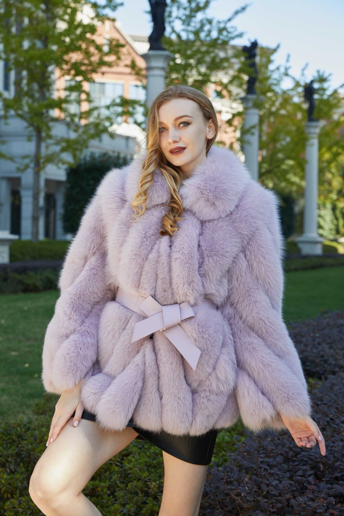 Women's Real Fox Fur Hip-Length Jacket with Turn-Down Collar & Bow Detail — Downtown Rhythm