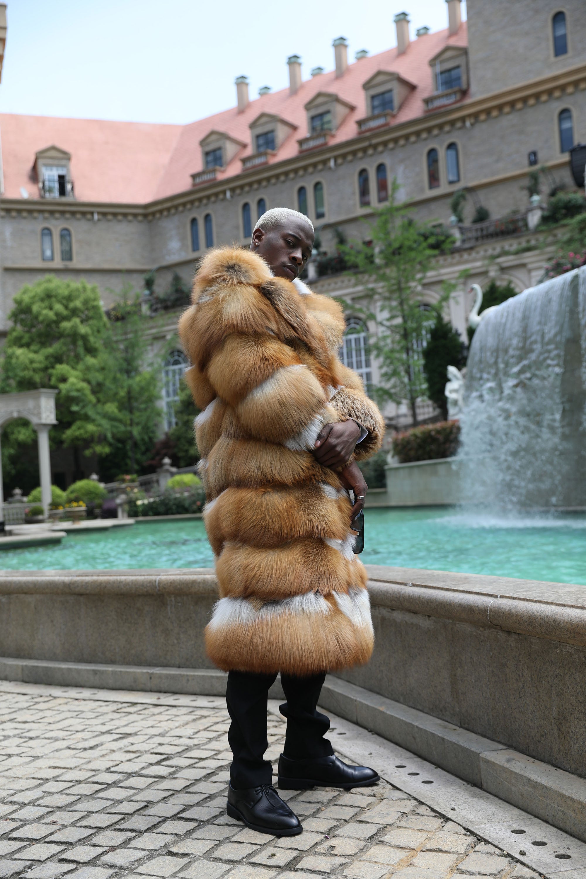 Men's Real Red Fox & Silver Fox Fur Long Coat | Luxury Full-Length
