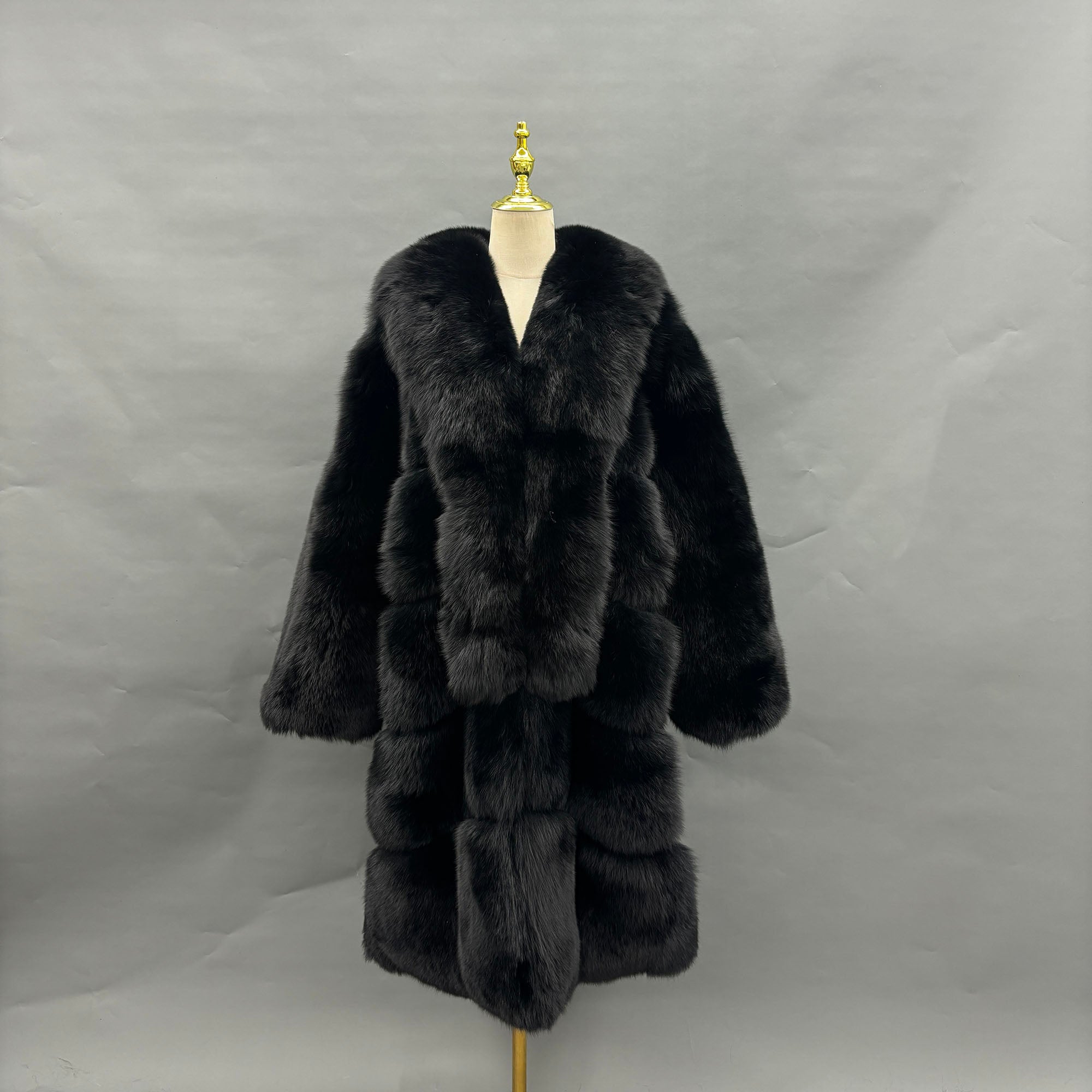 Women's Golden Island Fox Fur Long Coat - grey white stripe variant